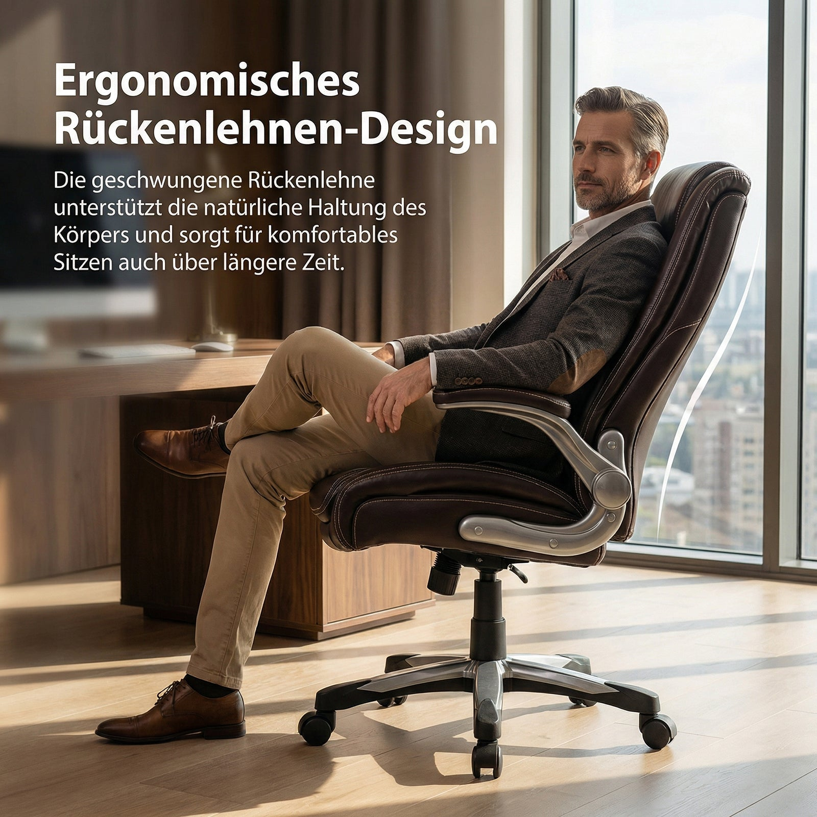 Ein Mann sitzt in einem ergonomischen Ledersessel in einem Büro mit Textüberlagerung.