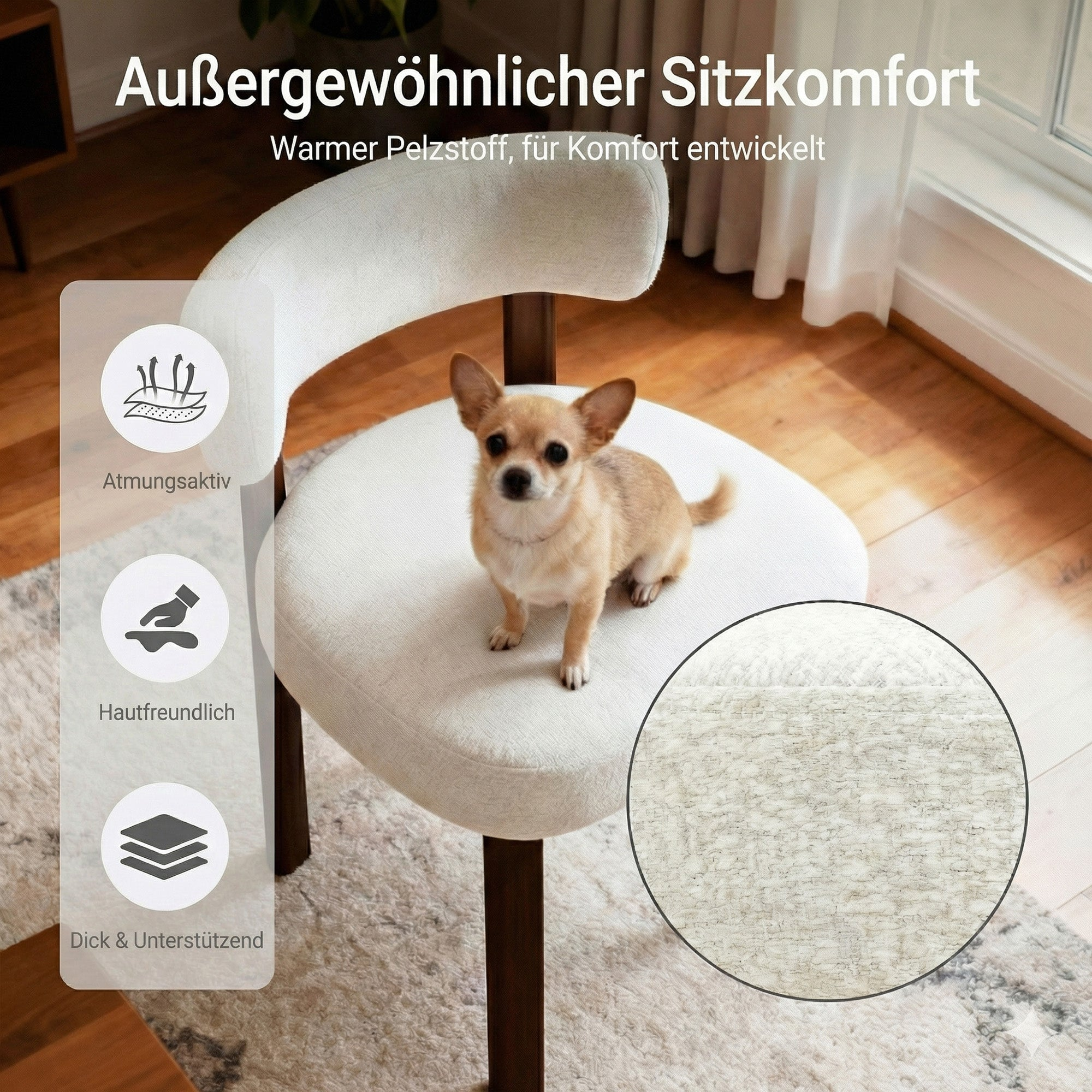 Un piccolo chihuahua siede su una moderna sedia color crema in una stanza luminosa.