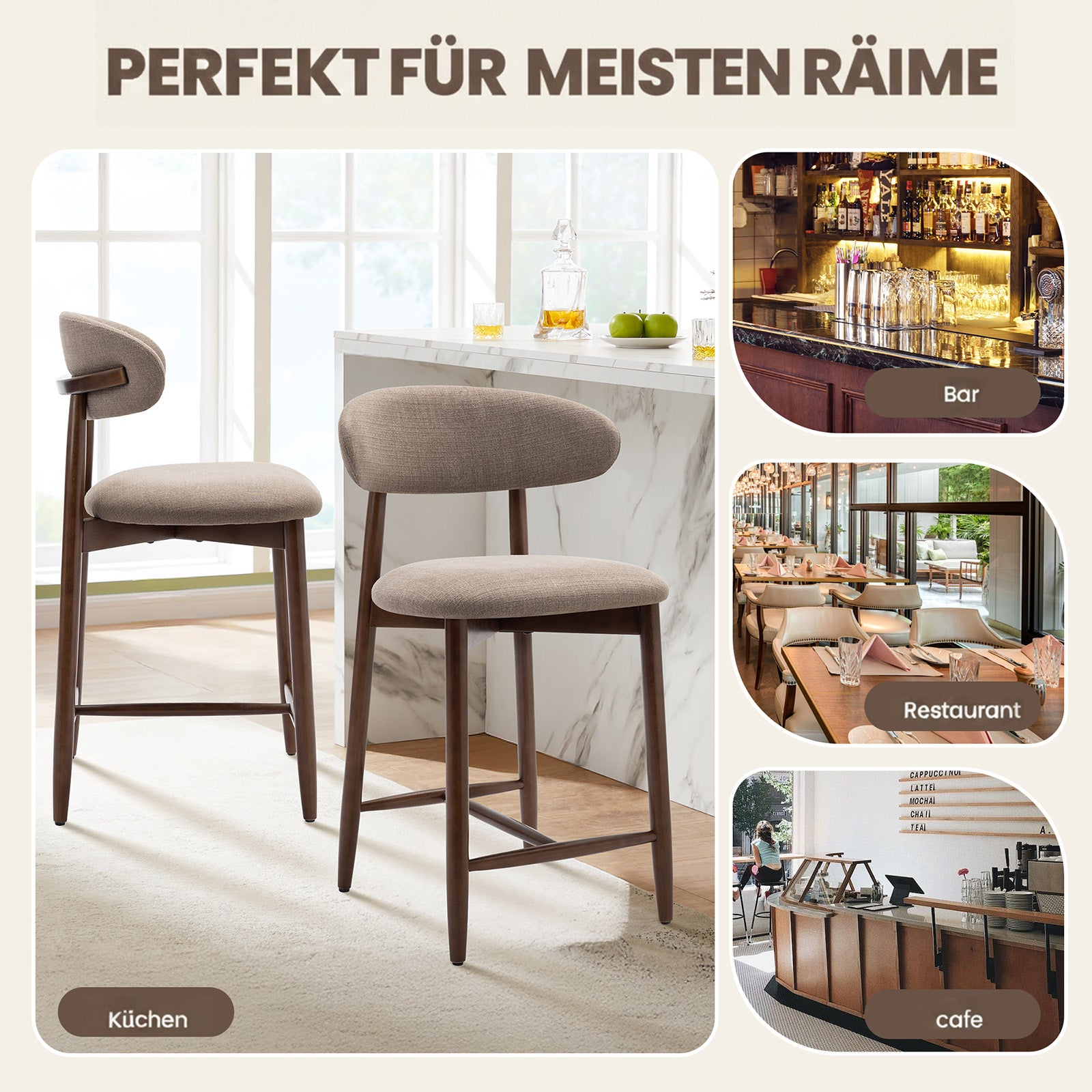 Moderni sgabelli da bar con gambe in legno scuro e tessuto grigio, ideali per cucina e bar.