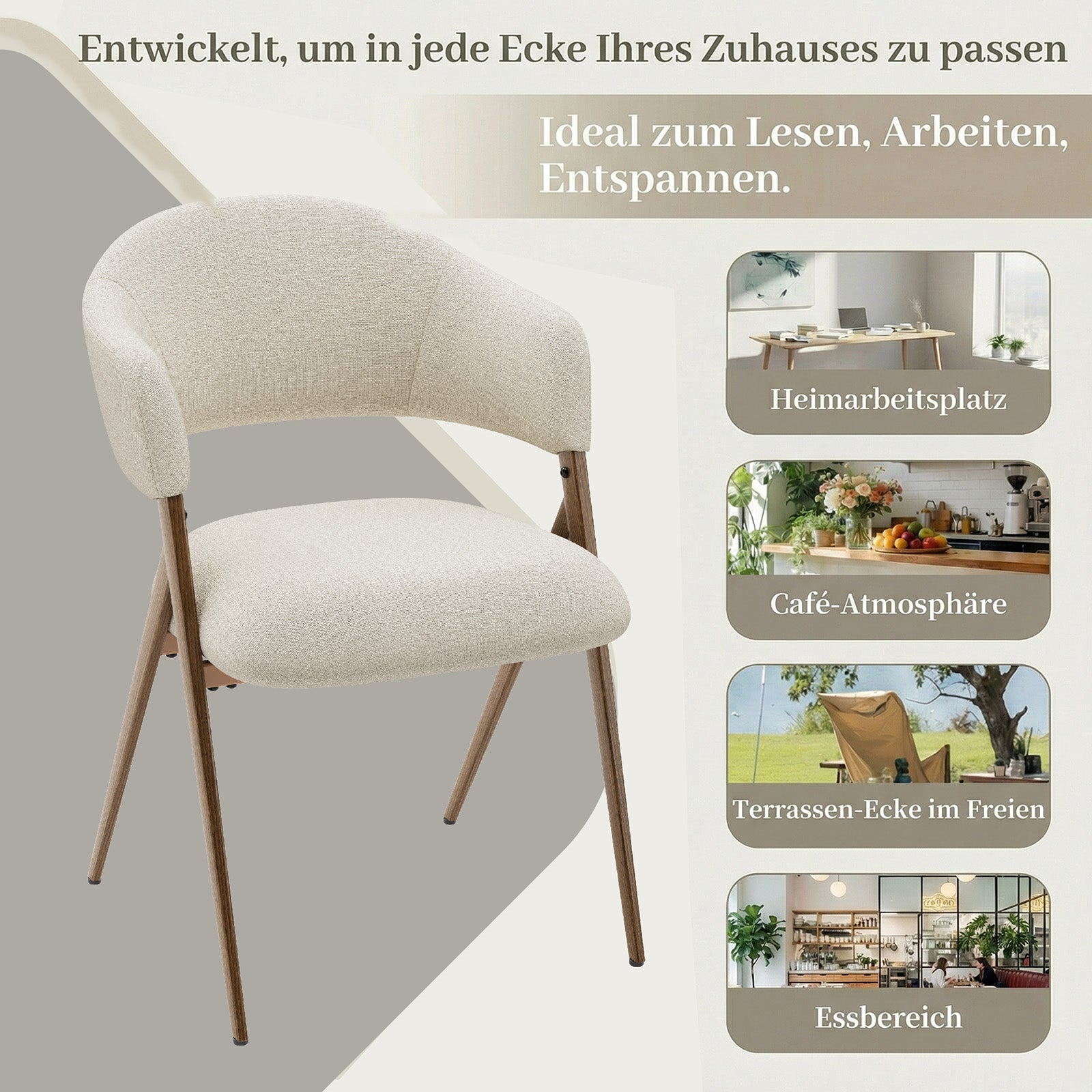 Sedia imbottita beige con gambe in legno, ideale per vari spazi come ufficio domestico e caffè.