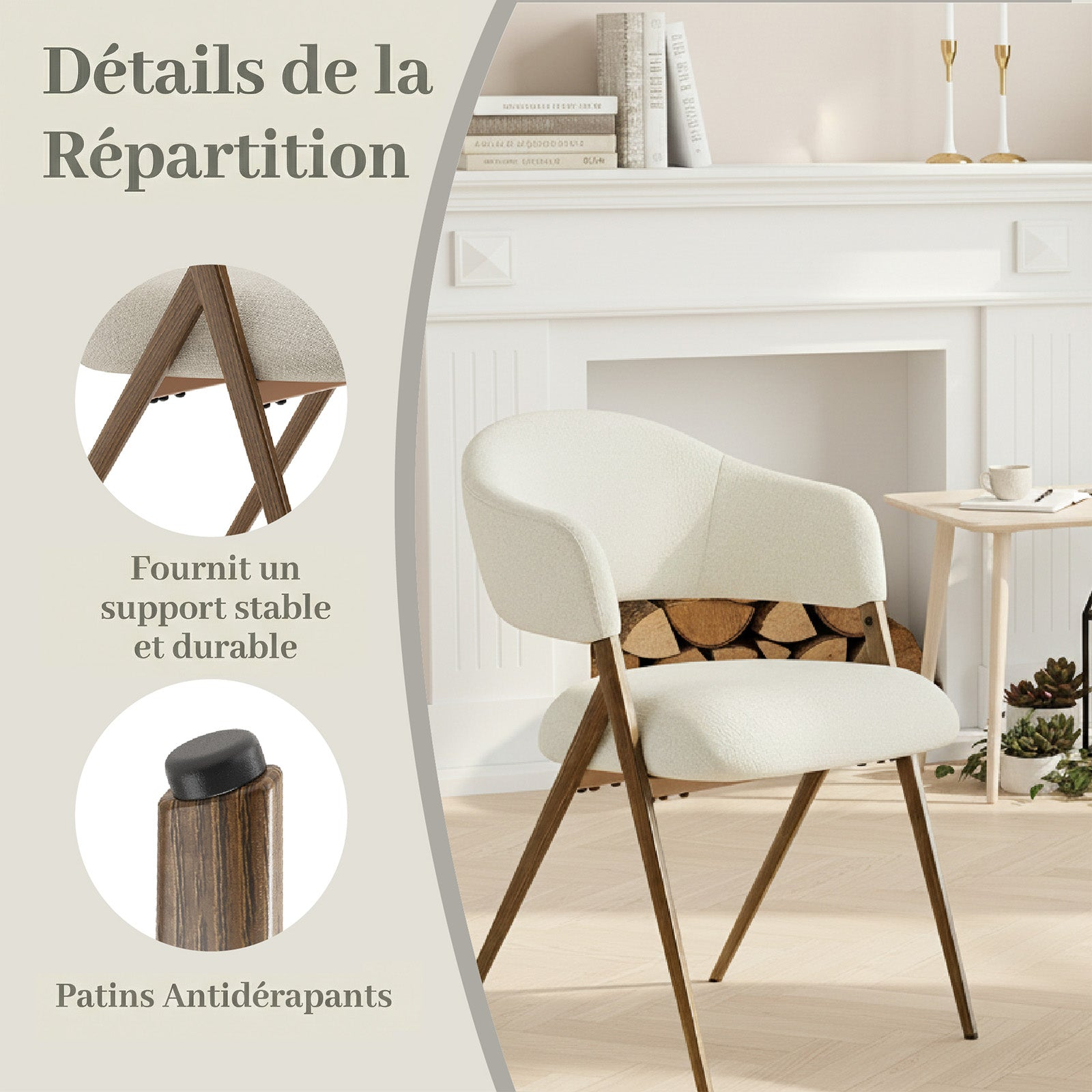 Sedia con seduta chiara e gambe in legno, con dettagli del telaio e piedini protettivi.