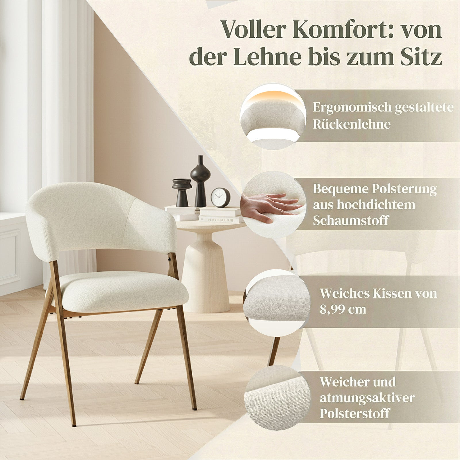 Sedia beige con gambe in legno e quattro dettagli su ergonomia, imbottitura e tessuto.