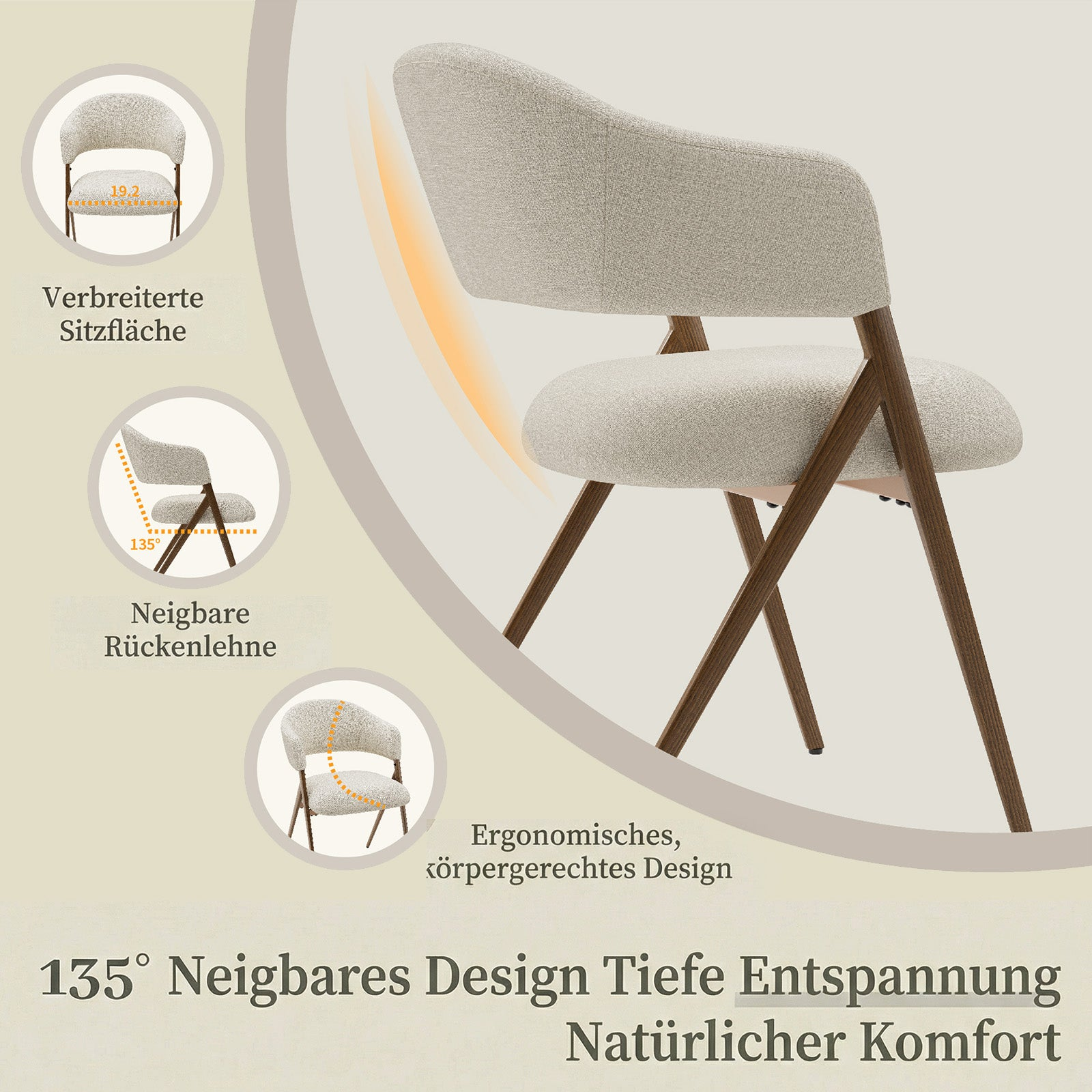 Una sedia imbottita beige con gambe in legno, seduta ampia, schienale reclinabile e design ergonomico.