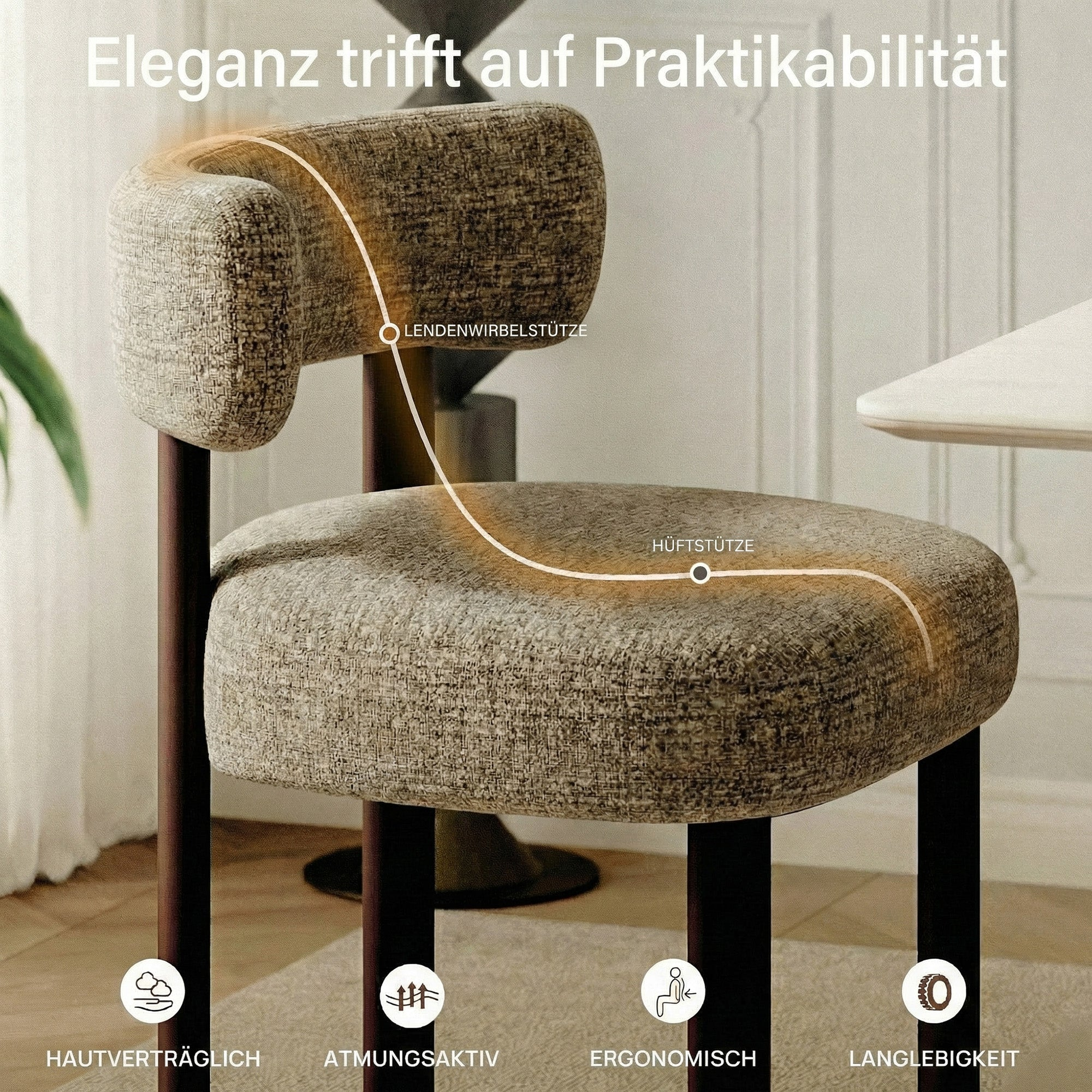 Sedia moderna ed ergonomica con rivestimento in tweed grigio e gambe in legno scuro.
