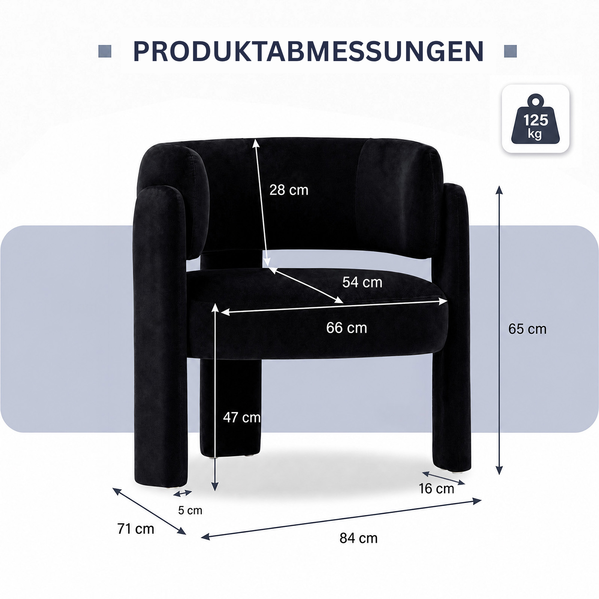 Disegno tecnico con le dimensioni di una poltrona nera e un limite di peso di 125 kg in alto a destra.