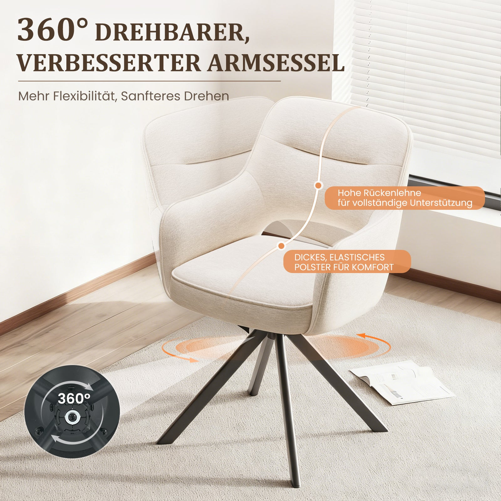 Poltrona girevole a 360 gradi beige con gambe in metallo scuro su tappeto.