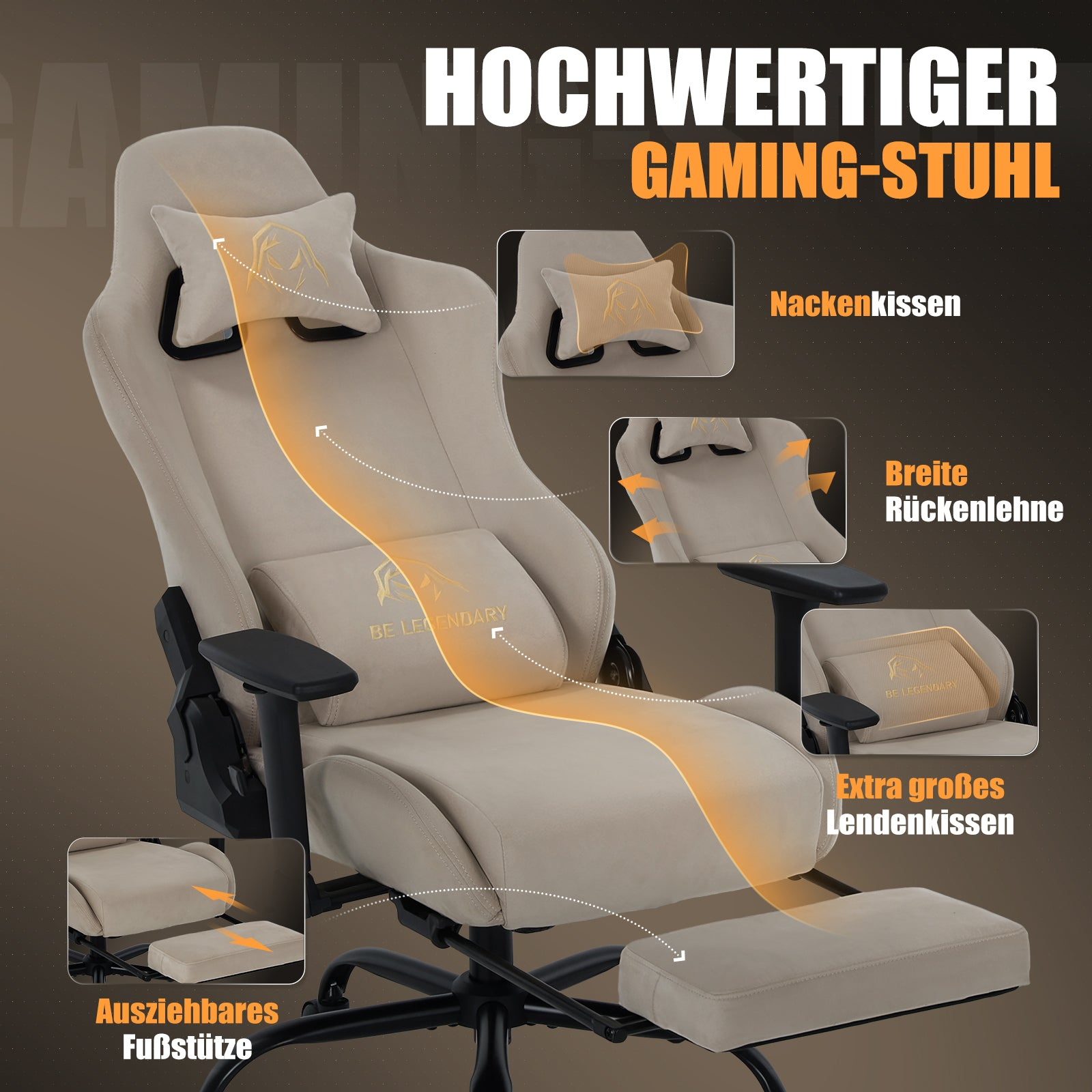 Beige Gaming-Stuhl mit Nackenkissen, breiter Rückenlehne, großem Lendenkissen und ausziehbarer Fußstütze.