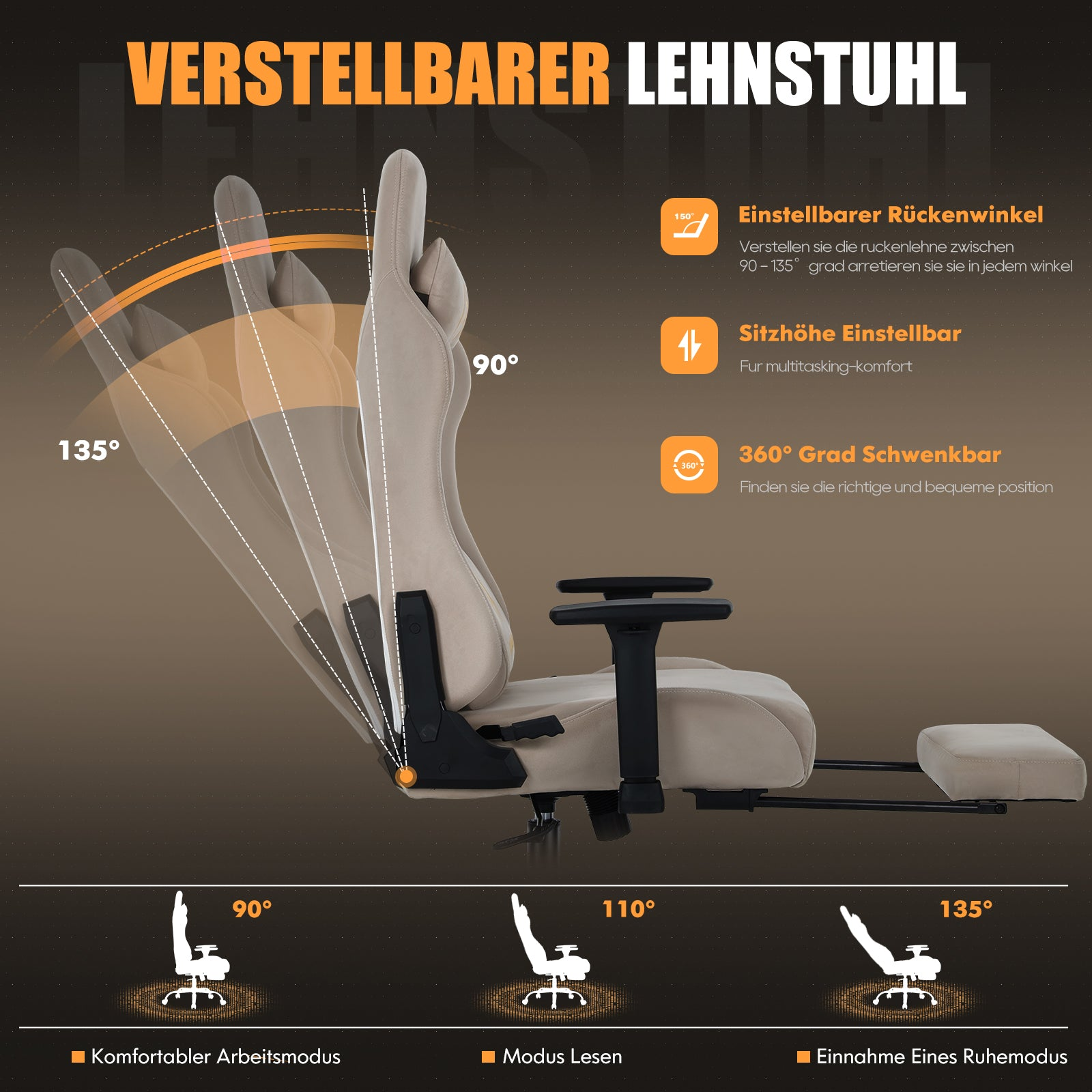 Verstellbarer Lehnstuhl mit Liegeposition, Fußstütze und Text in Deutsch.