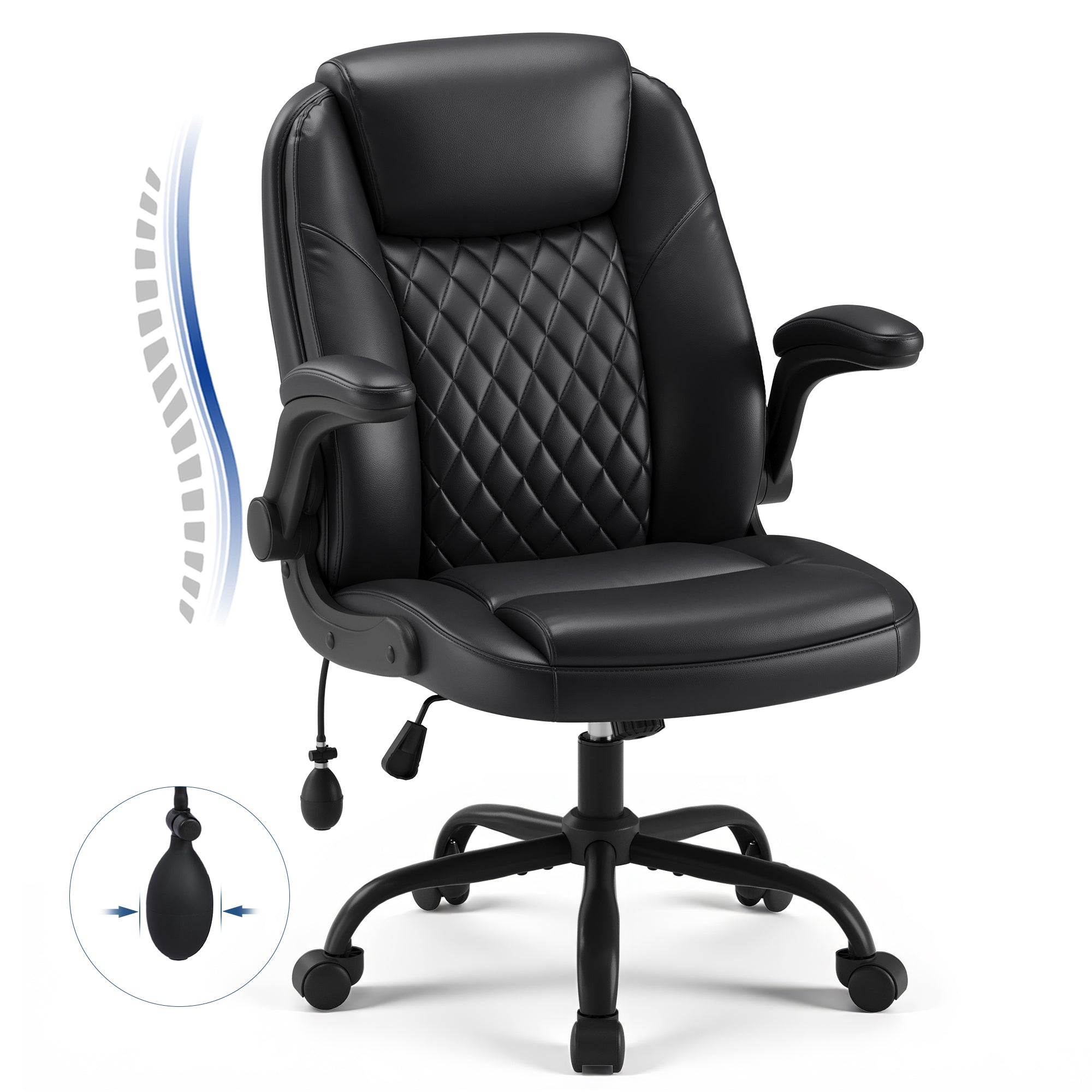Ergonomischer schwarzer Buerostuhl mit rautenfoermiger Steppung und Rollen auf weissem Grund.