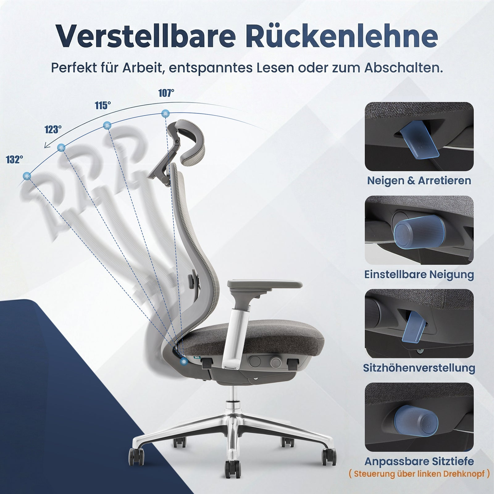 Verstellbarer Bürostuhl mit verschiedenen Neigungswinkeln und Bedienelementen.
