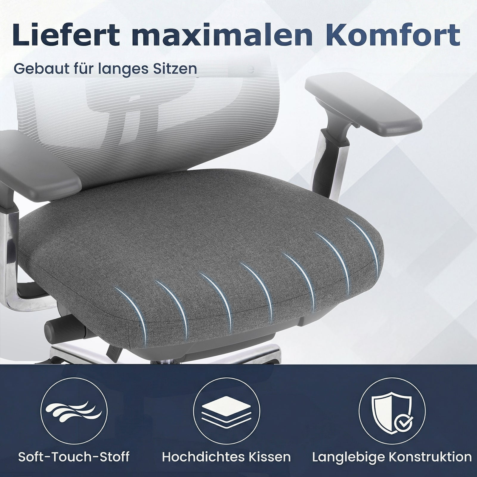 Grauer Buerostuhl mit dickem Kissen und Text im Hintergrund.