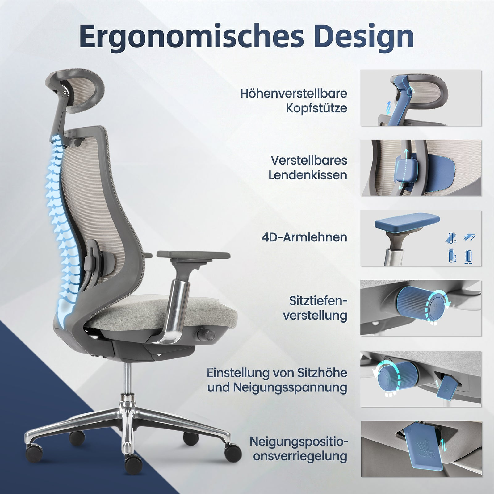 Ergonomischer Bürostuhl mit verstellbaren Funktionen und Wirbelsäulengrafik.