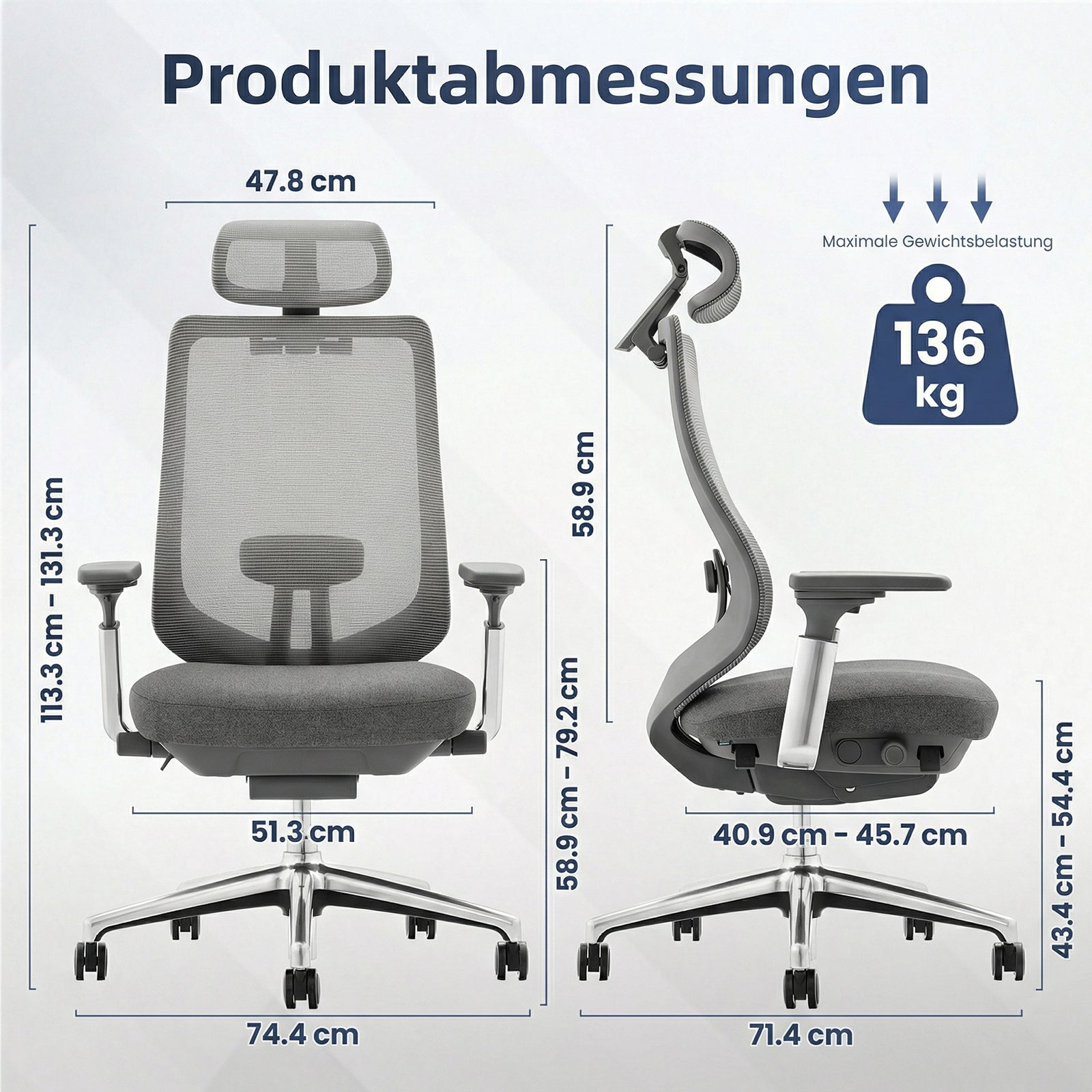 Technische Zeichnung mit Front- und Seitenmaßen eines grauen Bürostuhls mit 136 kg max. Last.