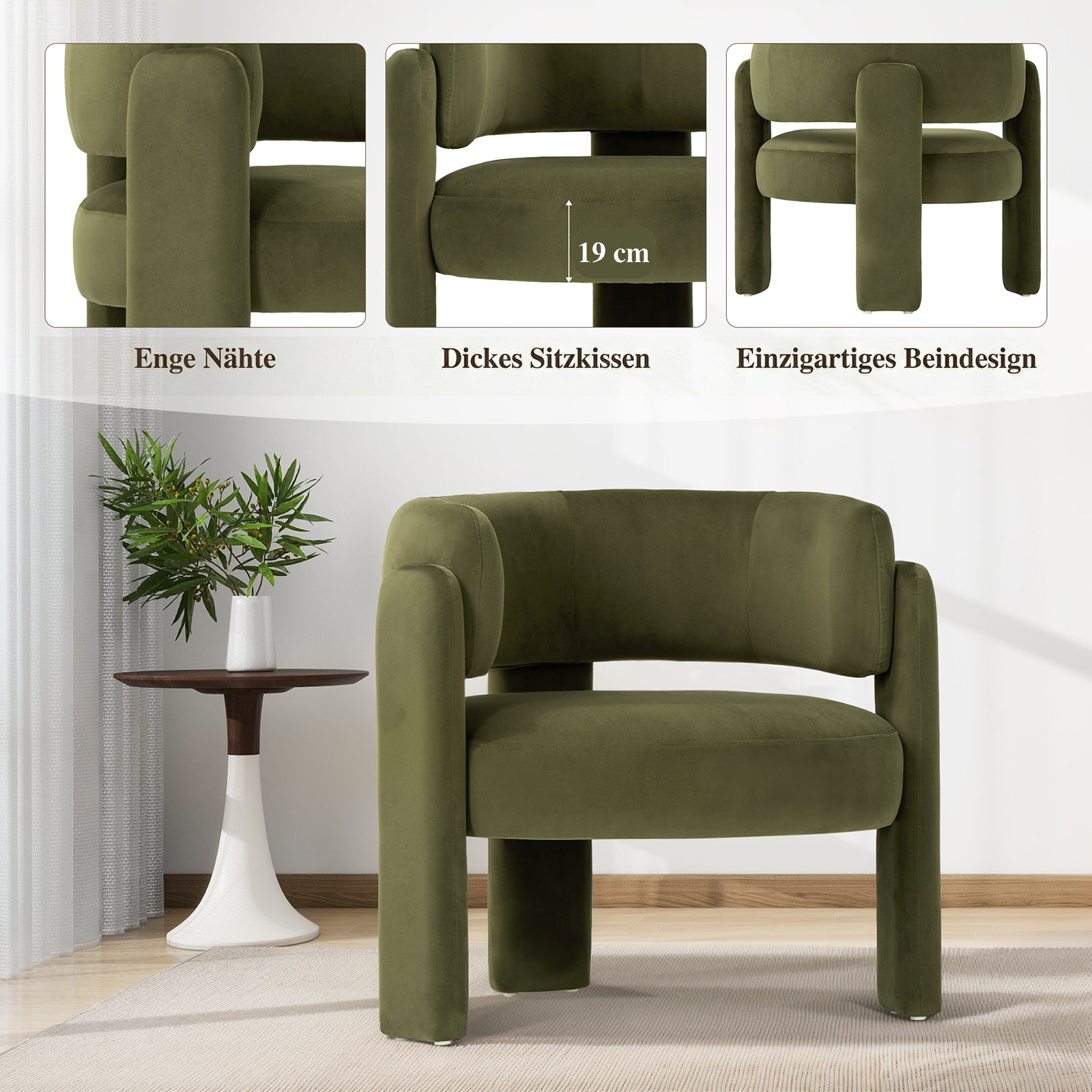 Poltrona in velluto verde con cuscino spesso e gambe uniche, accanto a un piccolo tavolo.