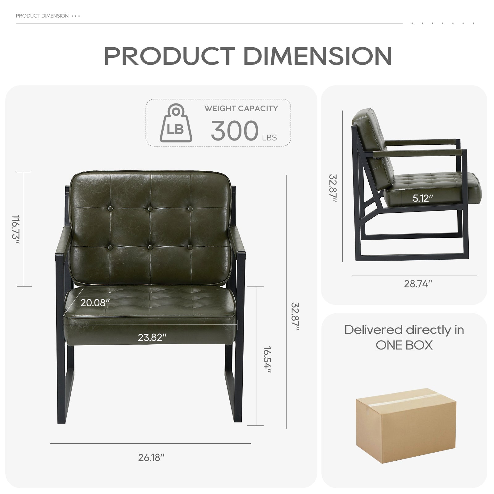 Dimensioni del prodotto di una poltrona in pelle verde con telaio in metallo nero e capacità di carico di 300 libbre.
