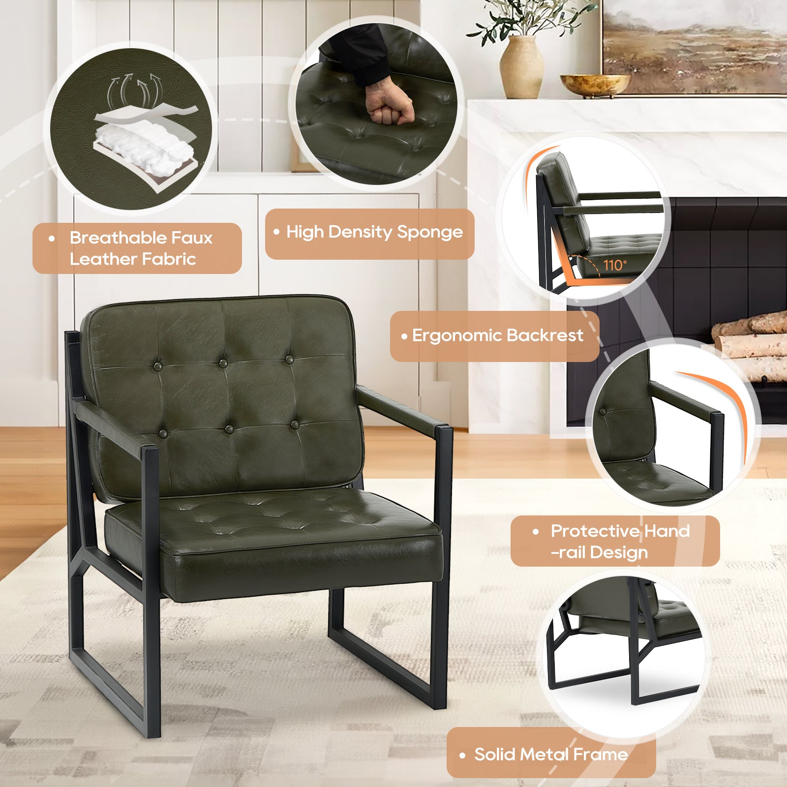 Poltrona in pelle verde con struttura in metallo nero, dettagli su materiale ed ergonomia.