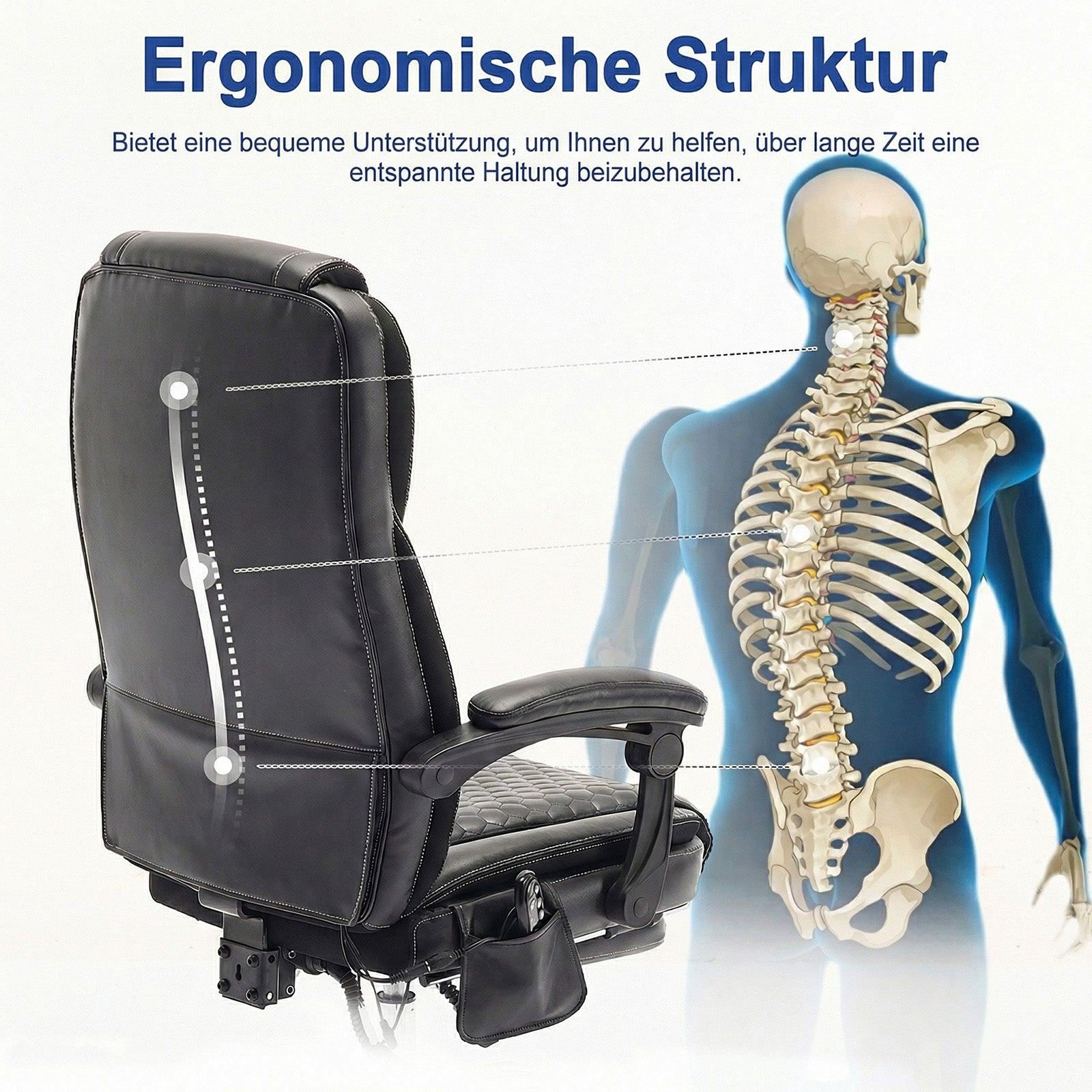 Ergonomischer schwarzer Stuhl mit Darstellung der Wirbelsäule und Text zur Haltung.