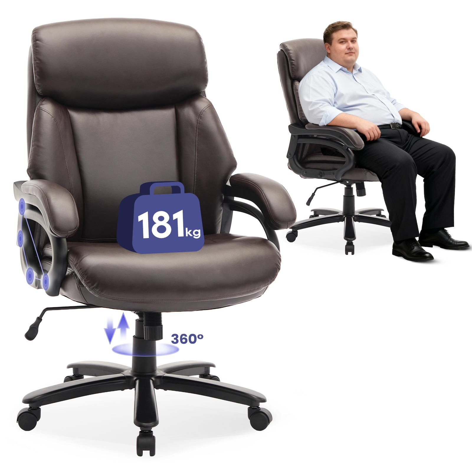 Ein brauner Ledersessel mit einem Gewichtslimit von 181 kg und 360-Grad-Drehung, rechts sitzt ein Mann darauf.