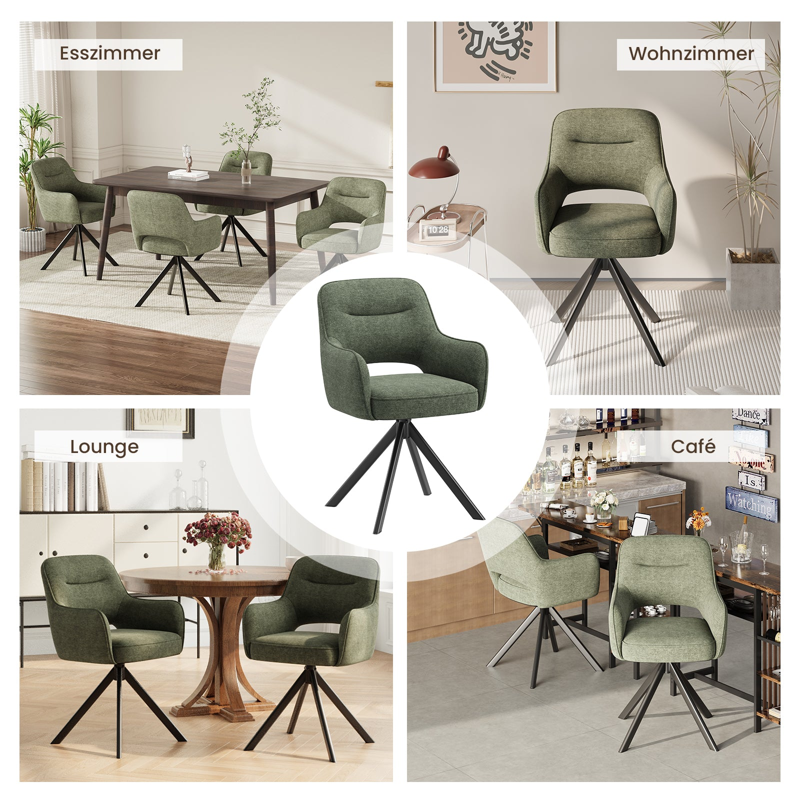 Sedia verde con gambe nere mostrata in varie stanze come sala da pranzo e soggiorno.