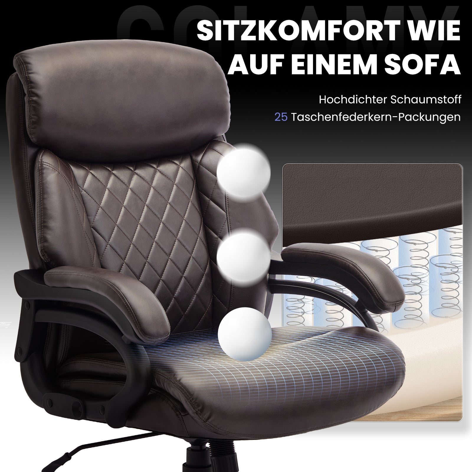 Brauner Ledersitz mit Taschenfedern, Schaumstoff und deutschem Werbetext.