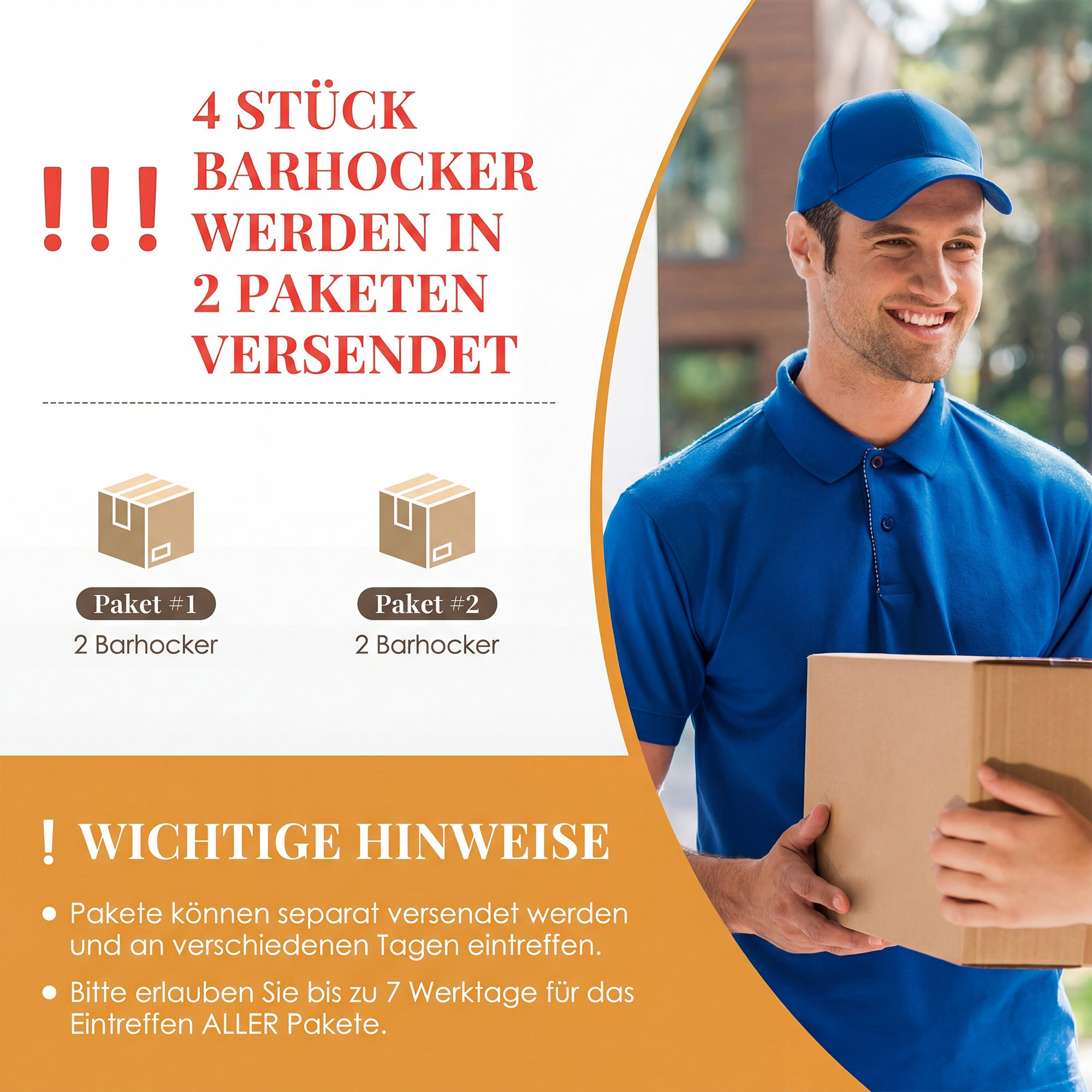 Ein lächelnder Lieferbote in blauer Uniform hält ein Paket, mit Text zur Lieferung von Barhockern.