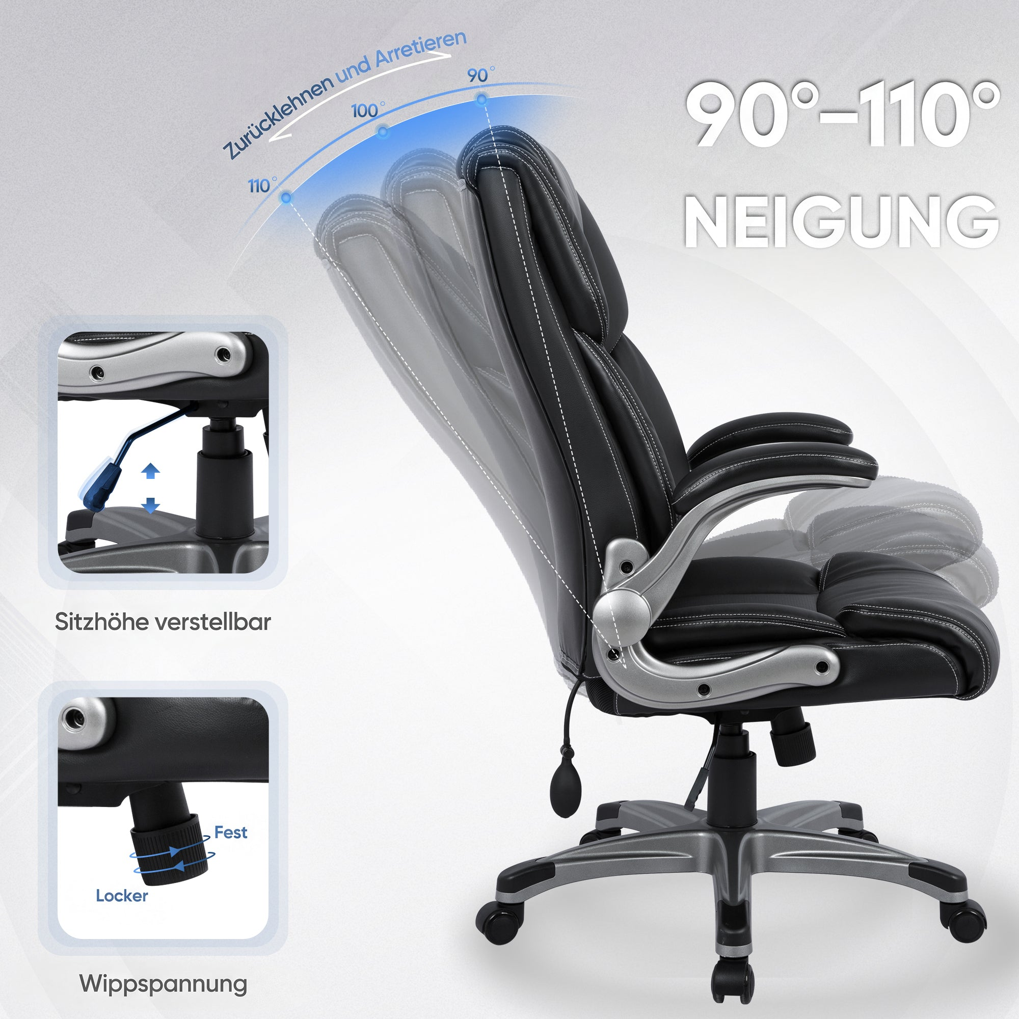 Schwarzer Bürostuhl mit 90°-110° Neigung, höhenverstellbar und Wippspannung.