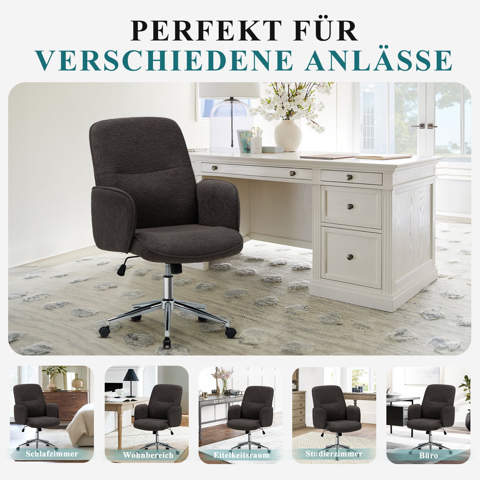 Dunkelbrauner Drehstuhl vor weißem Schreibtisch in hellem Zimmer mit fünf kleineren Anwendungsbeispielen unten.
