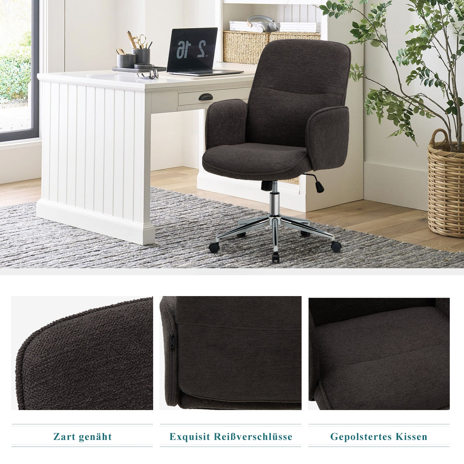 Ein dunkelbrauner Bürodrehstuhl in einem hellen Raum mit weißem Schreibtisch, grauem Teppich und Pflanze.