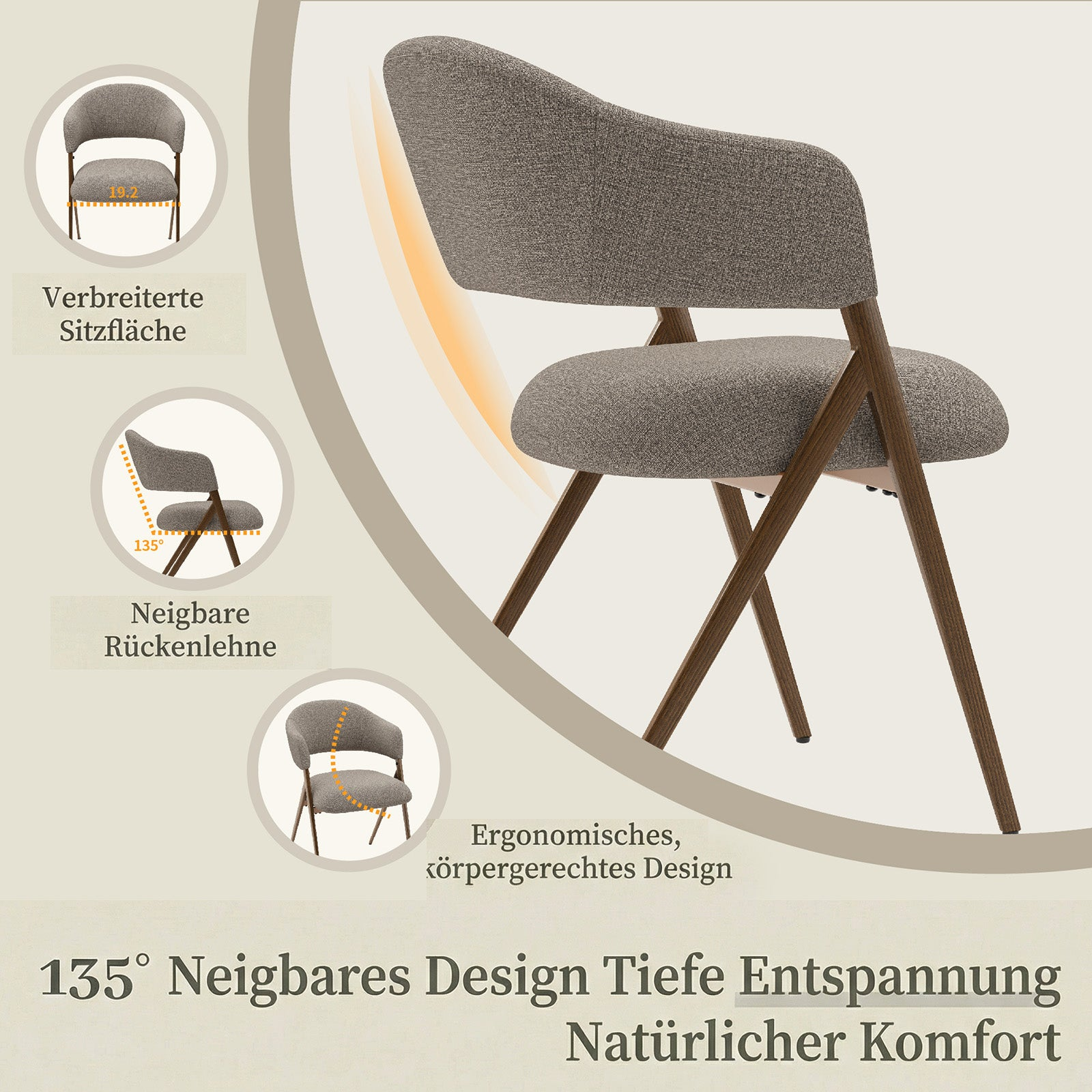 Sedia grigia con gambe in legno e design ergonomico con misure.