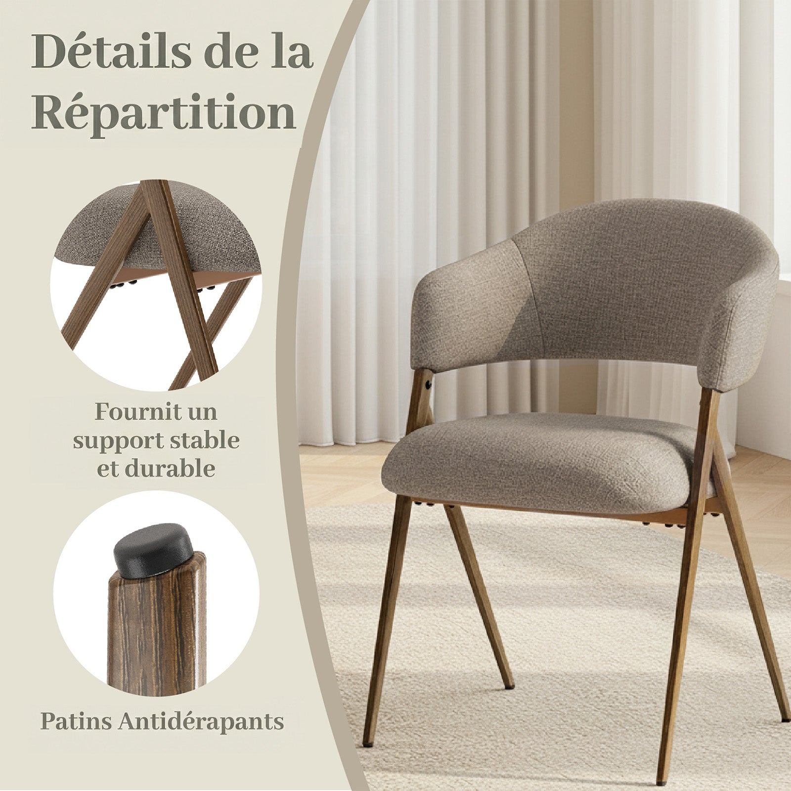 Sedia grigia con gambe in legno e riquadri che mostrano i dettagli.