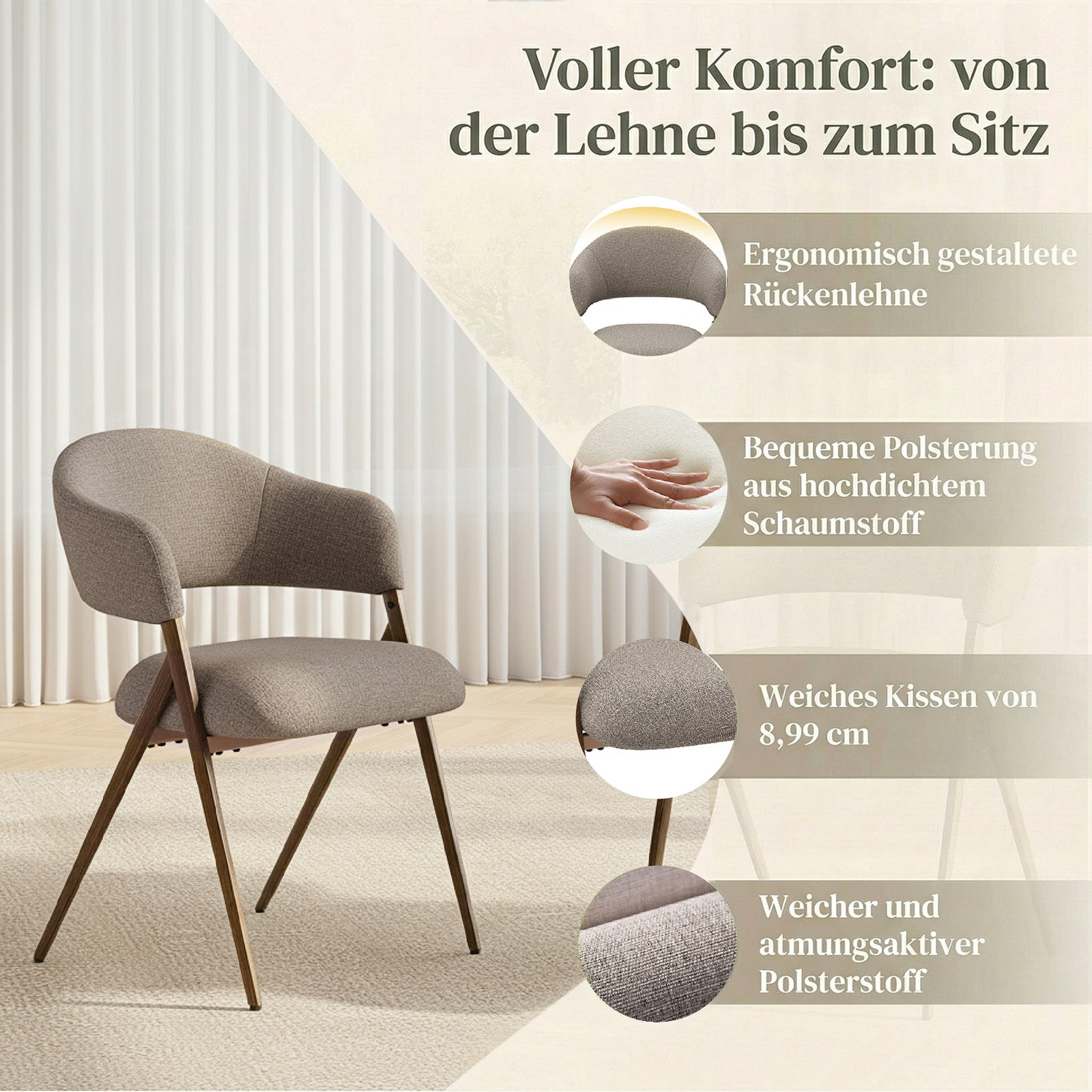 Una poltrona imbottita beige con gambe in metallo scuro è mostrata accanto a quattro cerchi di dettaglio che evidenziano il comfort.