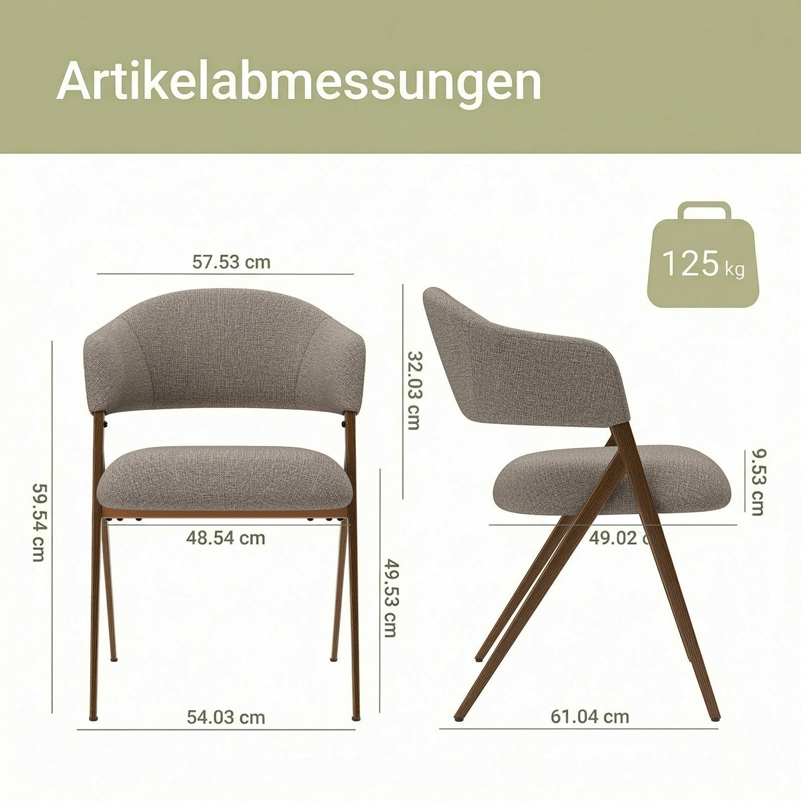 Disegno tecnico che mostra le dimensioni di una sedia in tessuto grigio e gambe marroni.