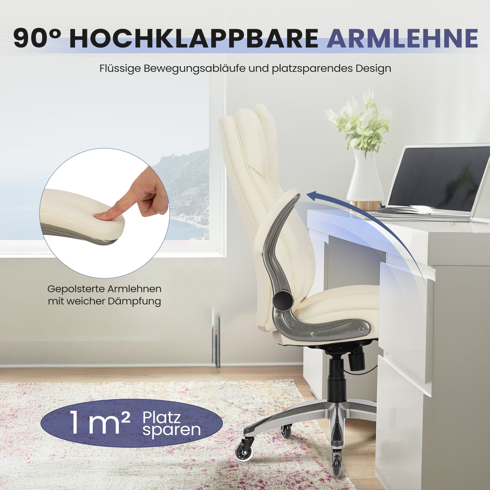 Beige Bürostuhl mit hochklappbarer Armlehne vor einem Schreibtisch.