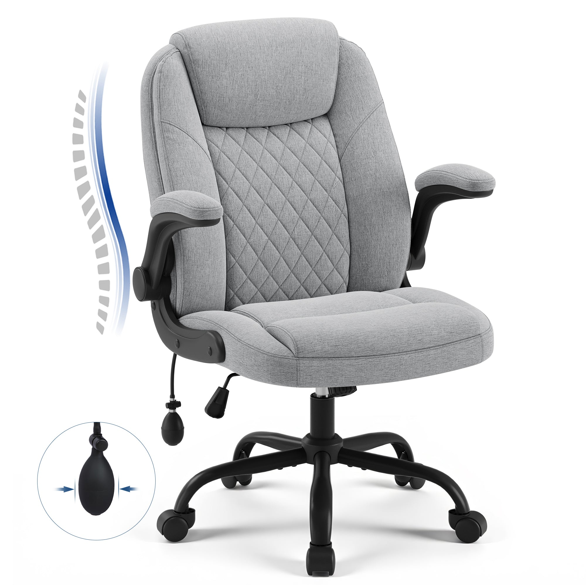 Grauer ergonomischer Bürostuhl mit schwarzem Gestell, Rollen und Lendenwirbelstütze auf weißem Hintergrund.