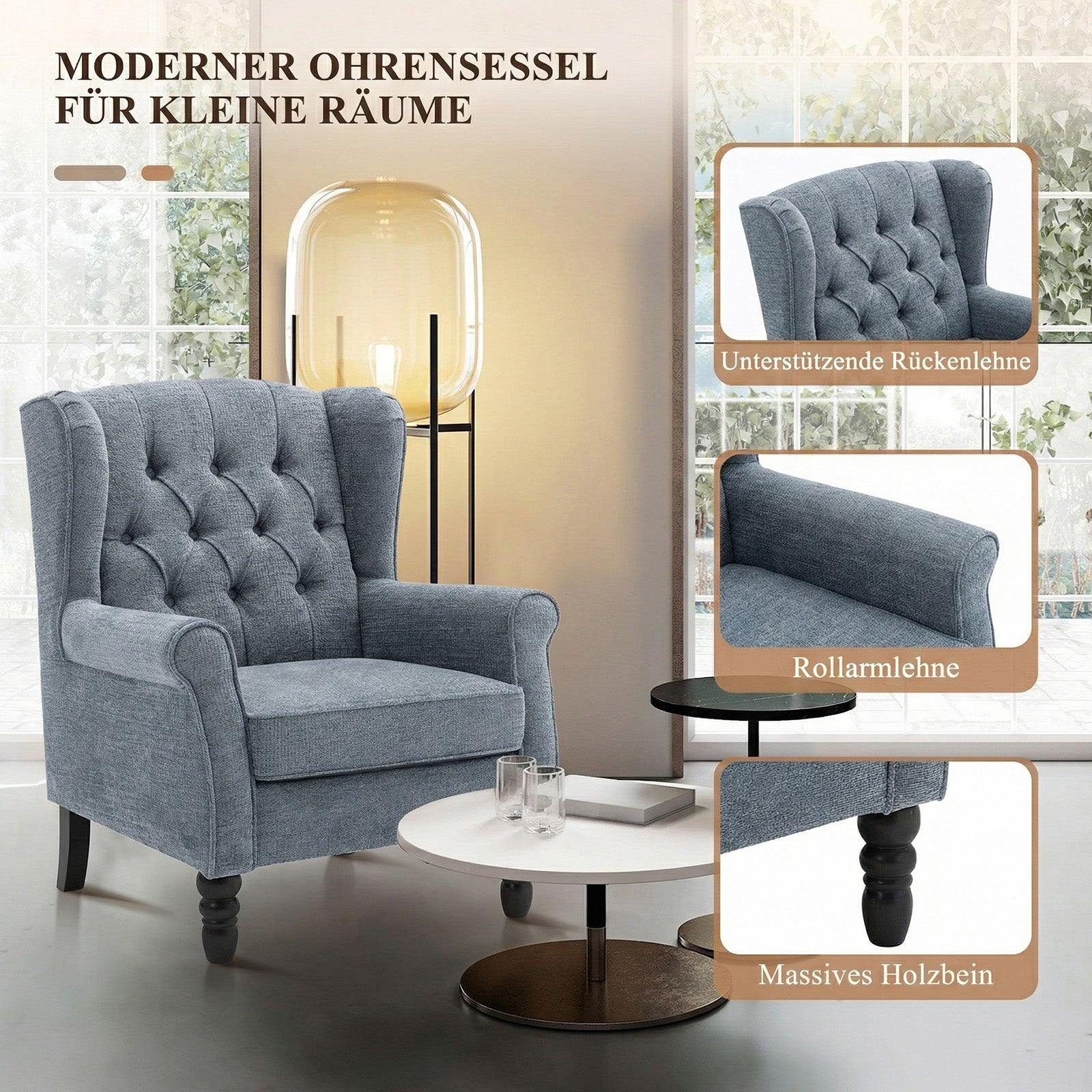 Moderner grauer Ohrensessel mit Knopfdruck, Rollarmlehnen und dunklen Holzbeinen im Wohnzimmer.