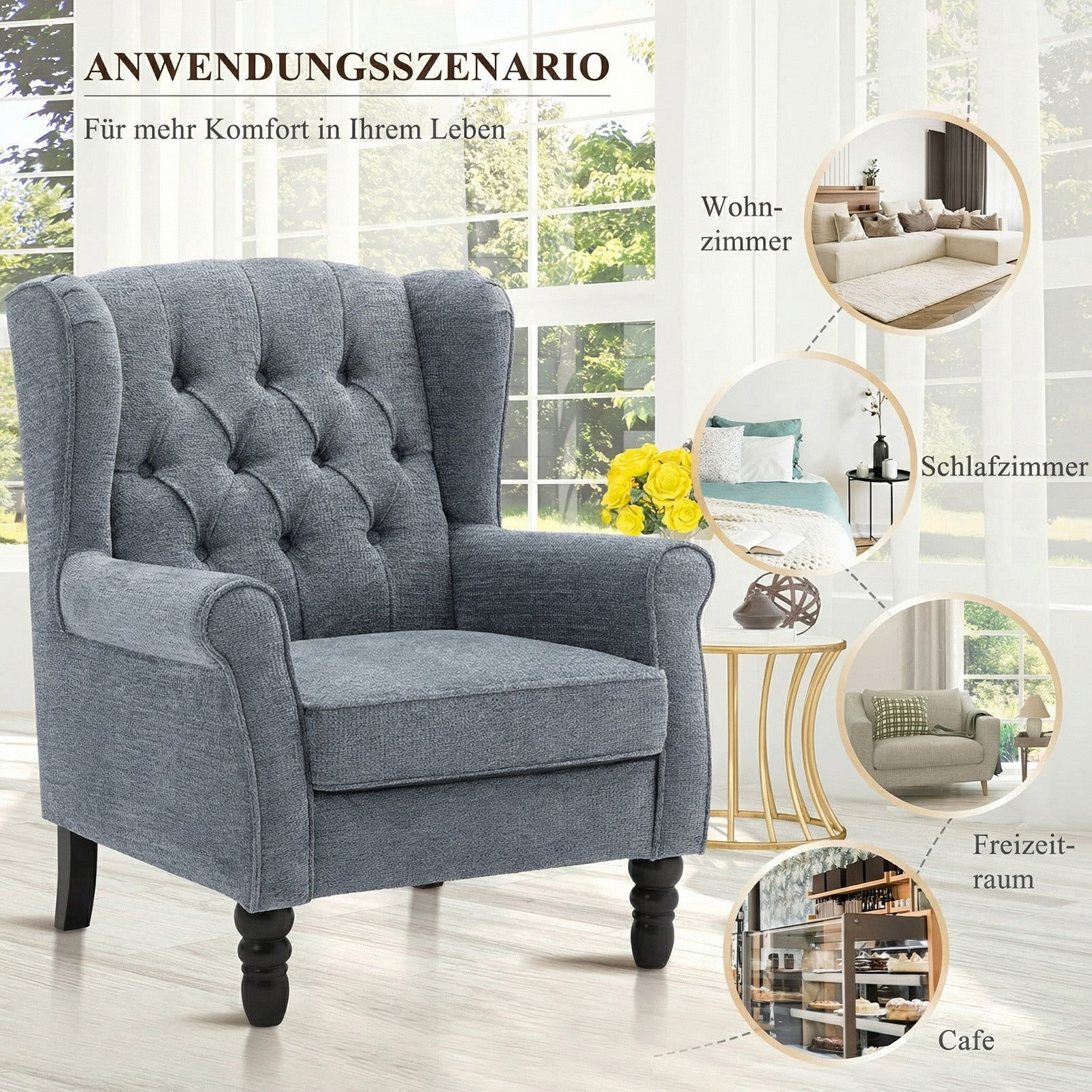 Grauer Ohrensessel mit Knopfdichtung und schwarzem Holzbein, passend für Wohnzimmer, Schlafzimmer und Cafe.