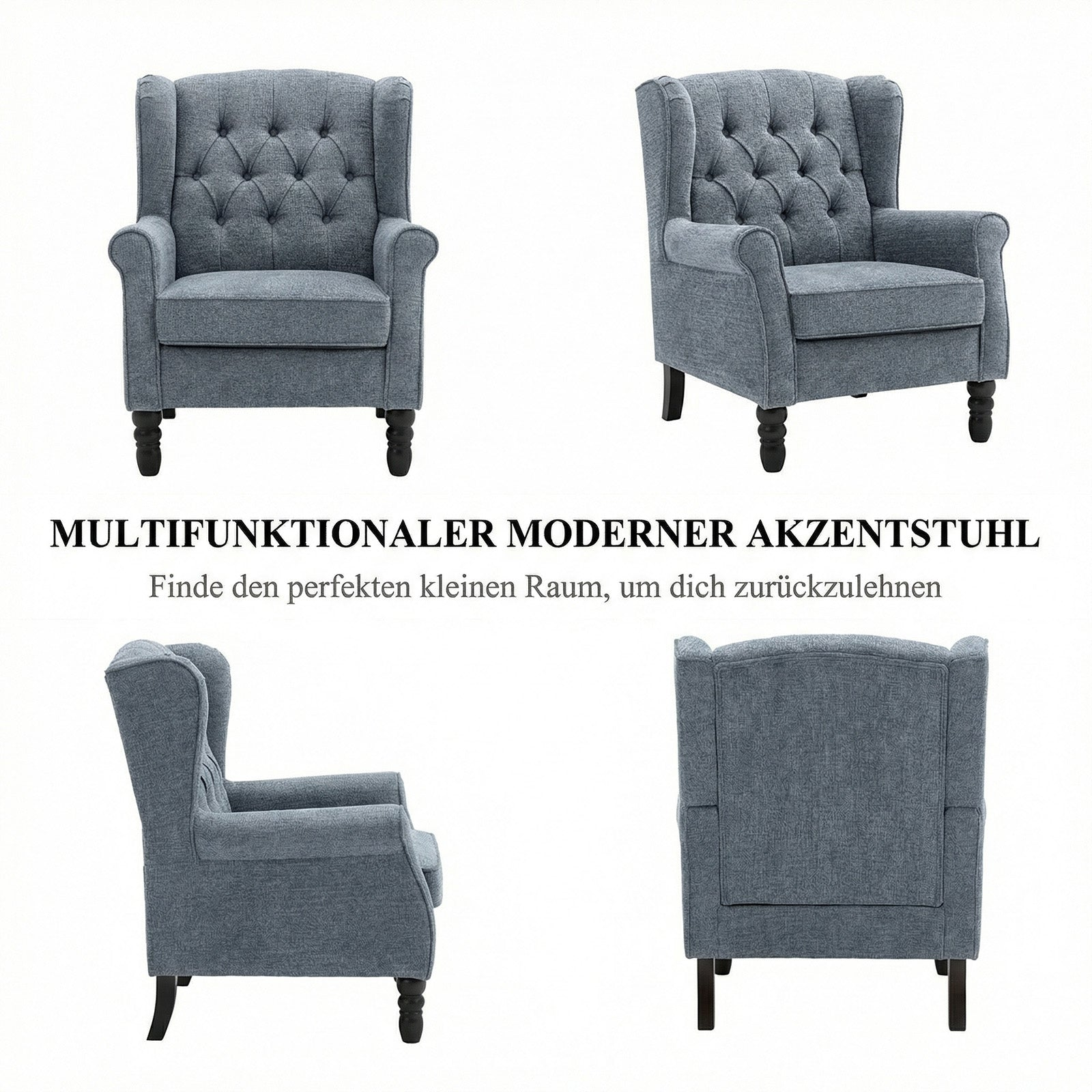 Vier Ansichten eines grauen Ohrensessels mit dunklen Holzbeinen und Tufting auf weißem Hintergrund.