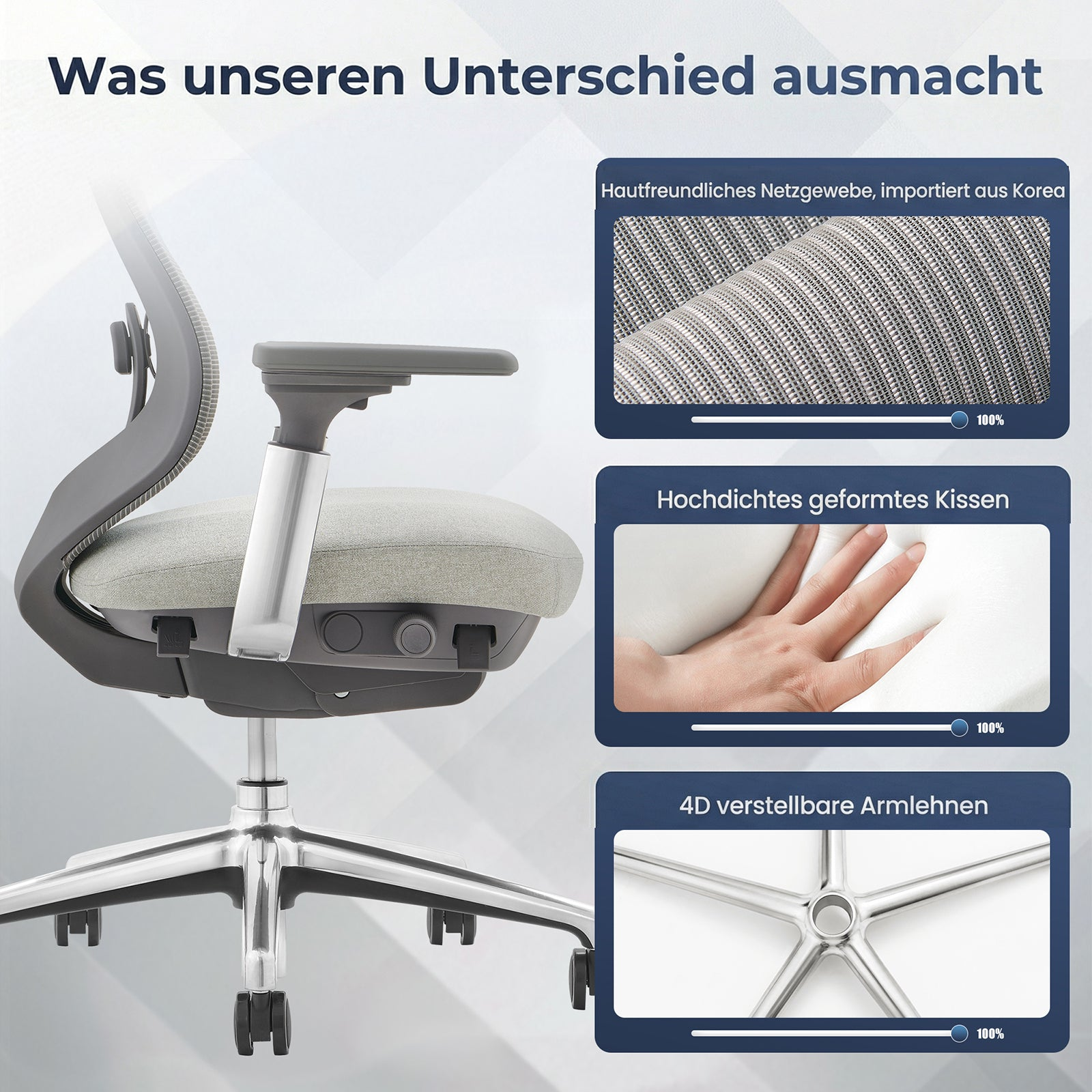Bürostuhl mit Mesh, gepolstertem Sitz, verstellbaren Armlehnen und Metallbasis mit Insets.