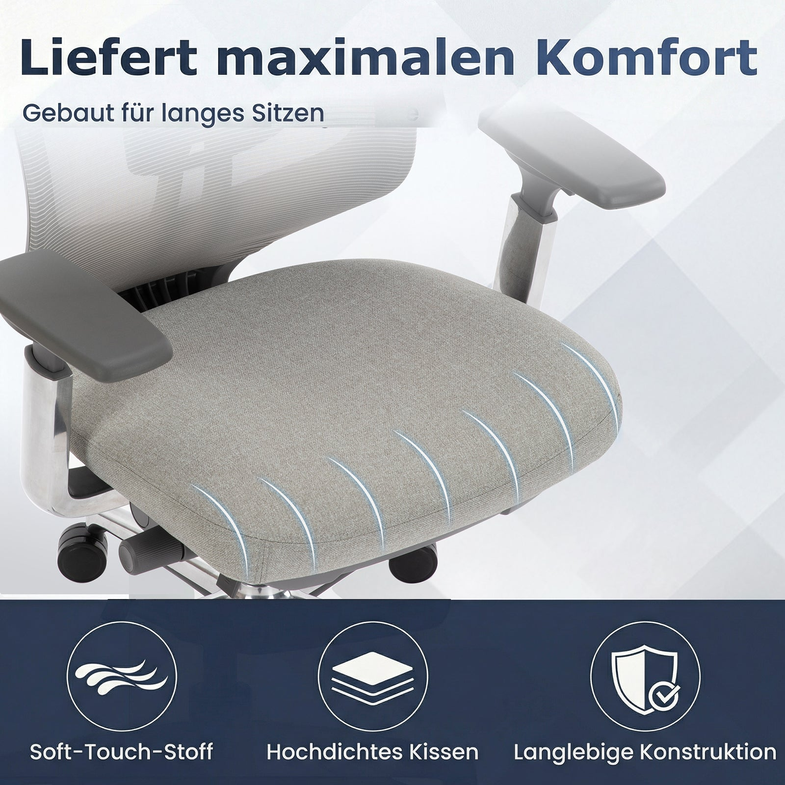 Ein grauer Buerostuhl mit weichem Kissen und Textilbezug, ausserdem Text und Symbole.