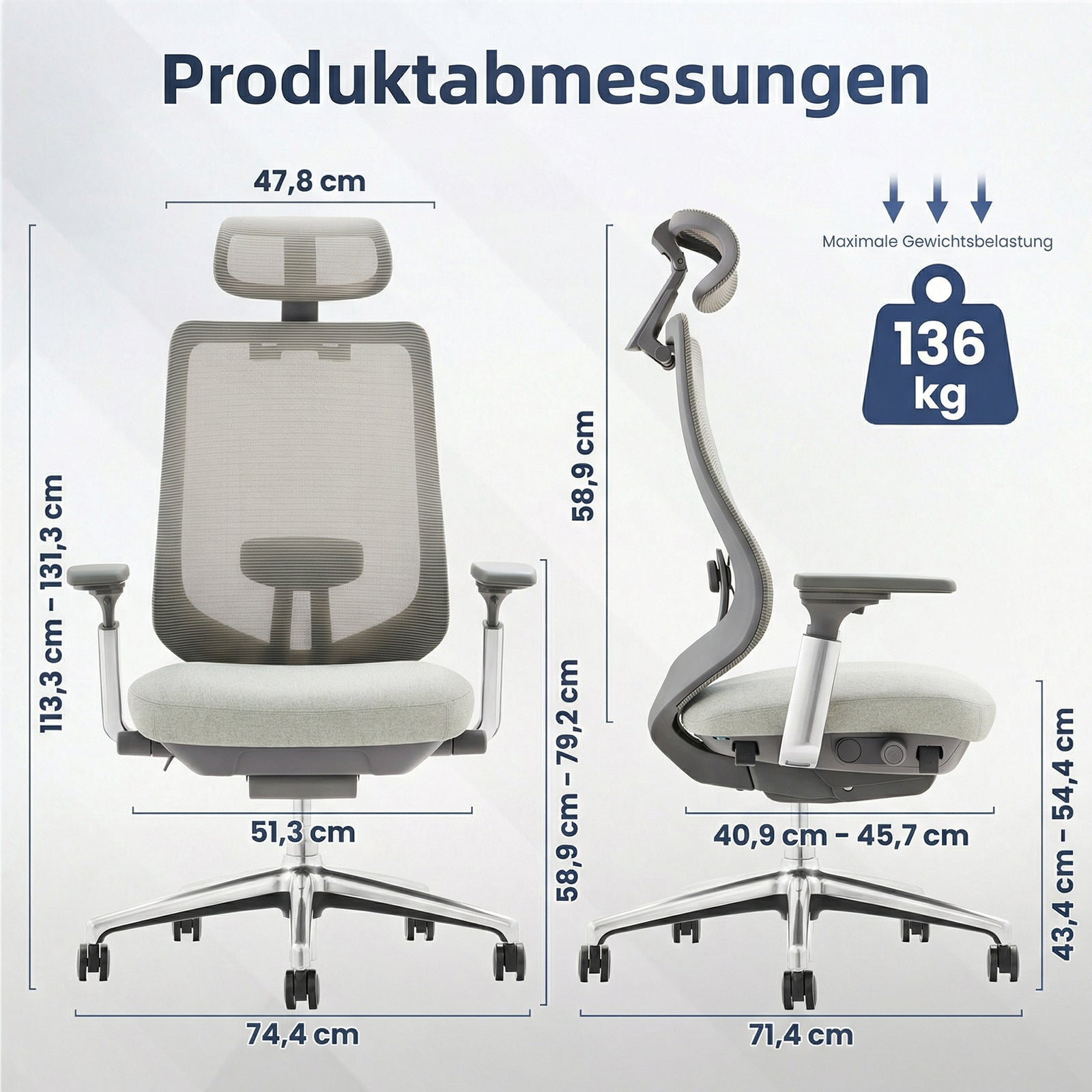 Diagramm zeigt die Produktabmessungen eines grauen ergonomischen Buerostuhls mit 136 kg Gewichtslimit.