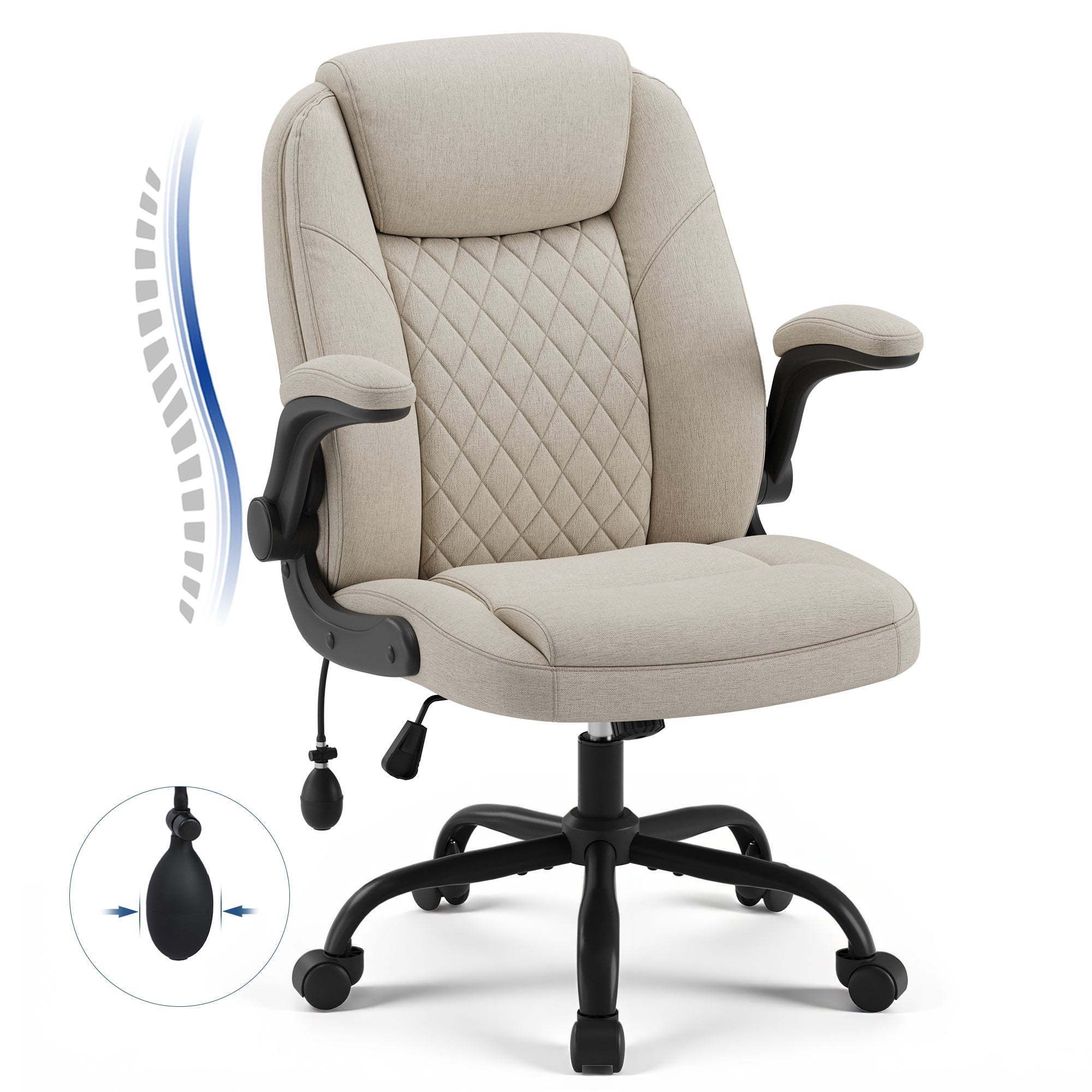 Beiger ergonomischer Bürostuhl mit schwarzem Gestell und Lendenwirbelunterstützung.