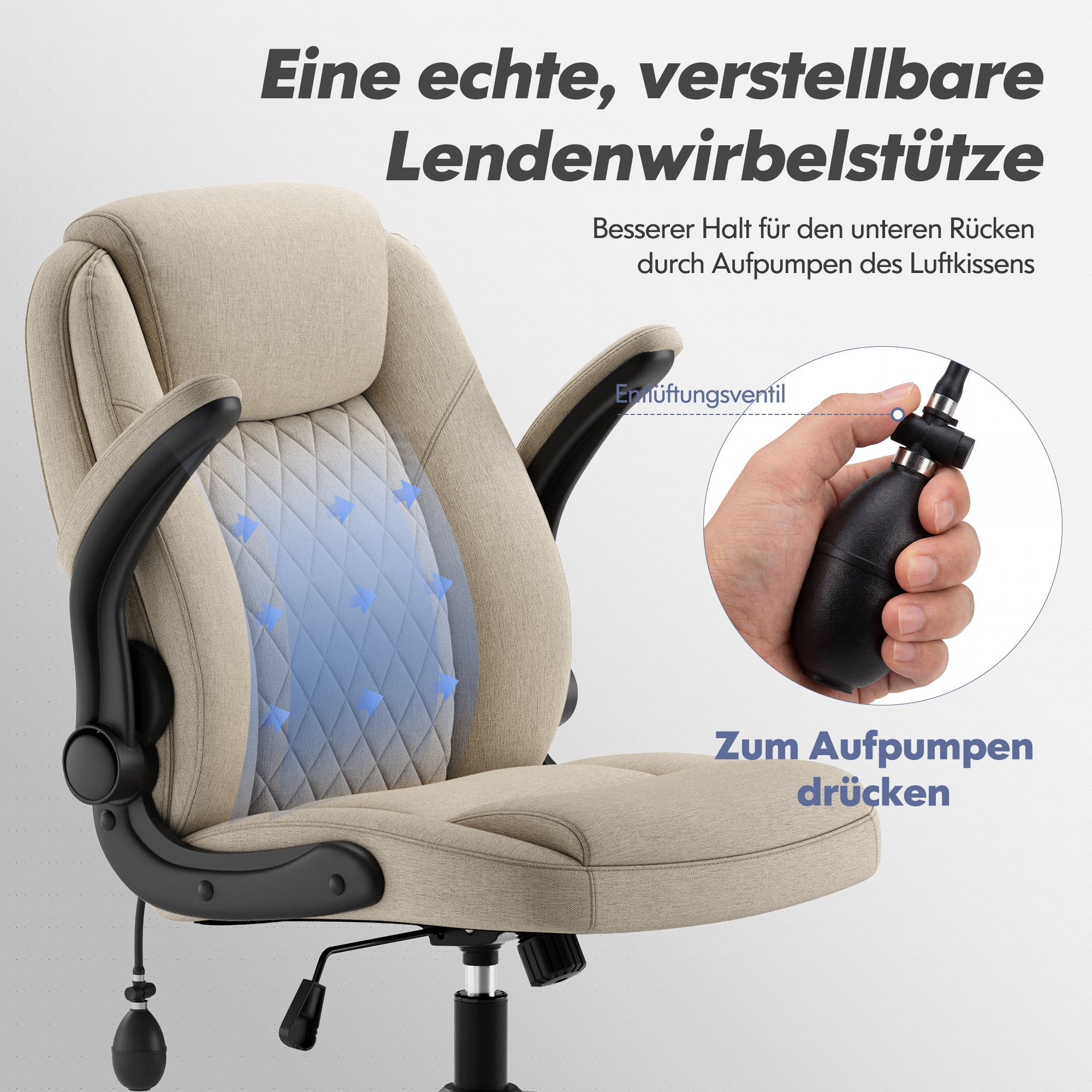 BeigeBürostühlmitverstellbaremLendenluftkissenundPumpe.