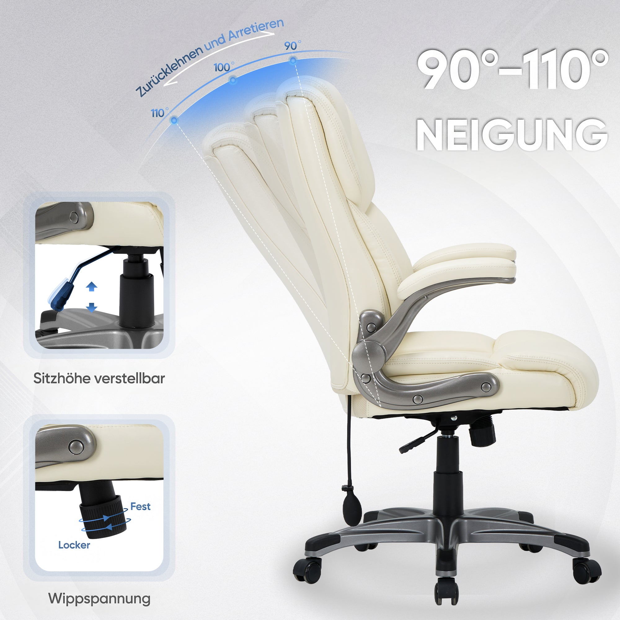 Beige Bürostuhl mit 90°-110° Neigung, höhenverstellbar und Wippspannung.
