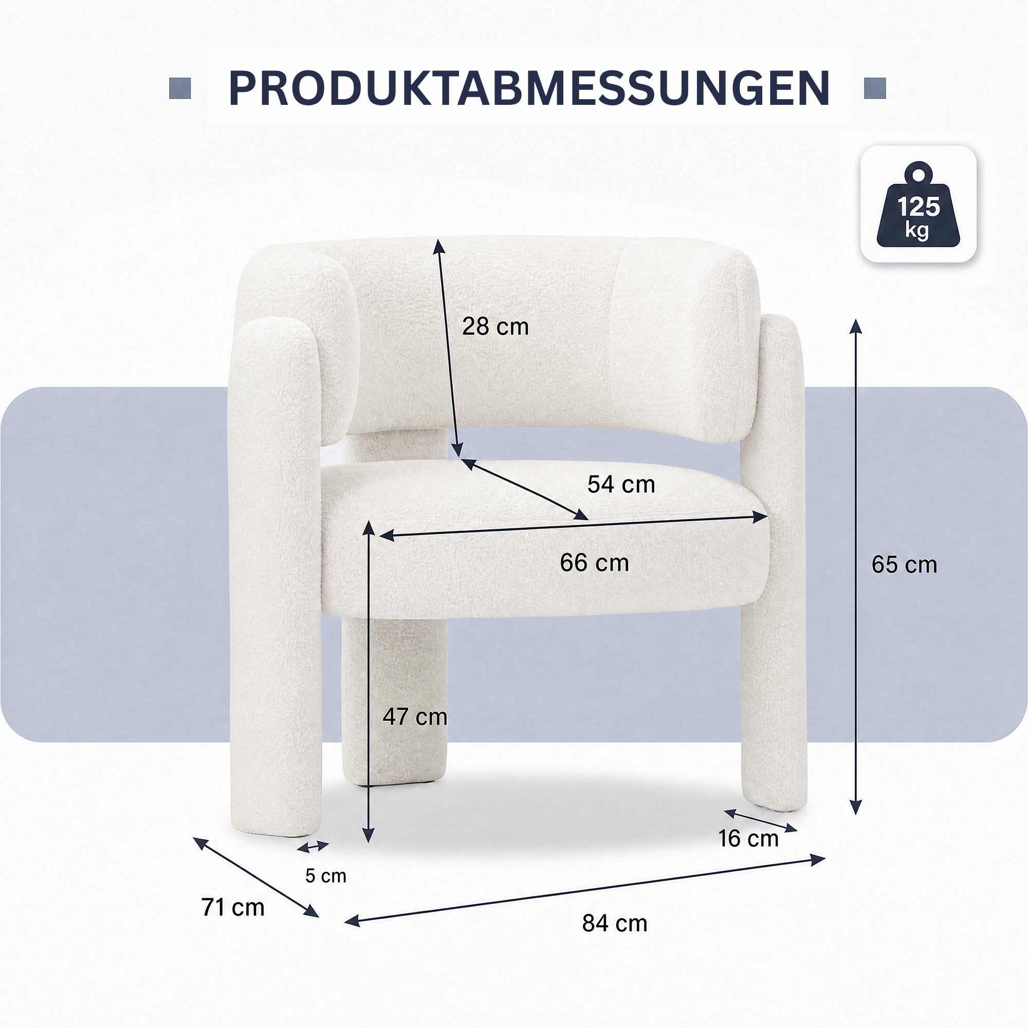 Sillón blanco texturizado con dimensiones indicadas en centímetros y un icono de 125 kg.