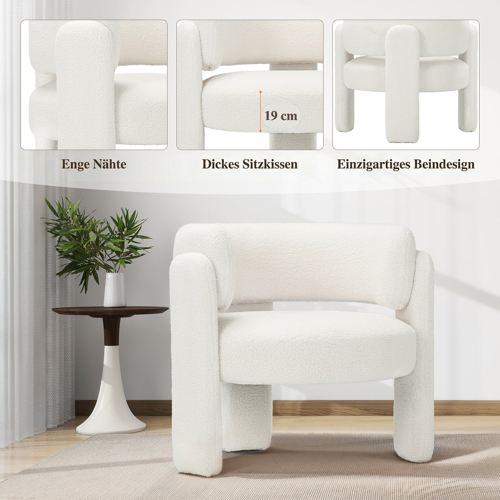 Un sillón peludo blanco en una habitación con mesa auxiliar y tres detalles de costuras, cojín y patas.