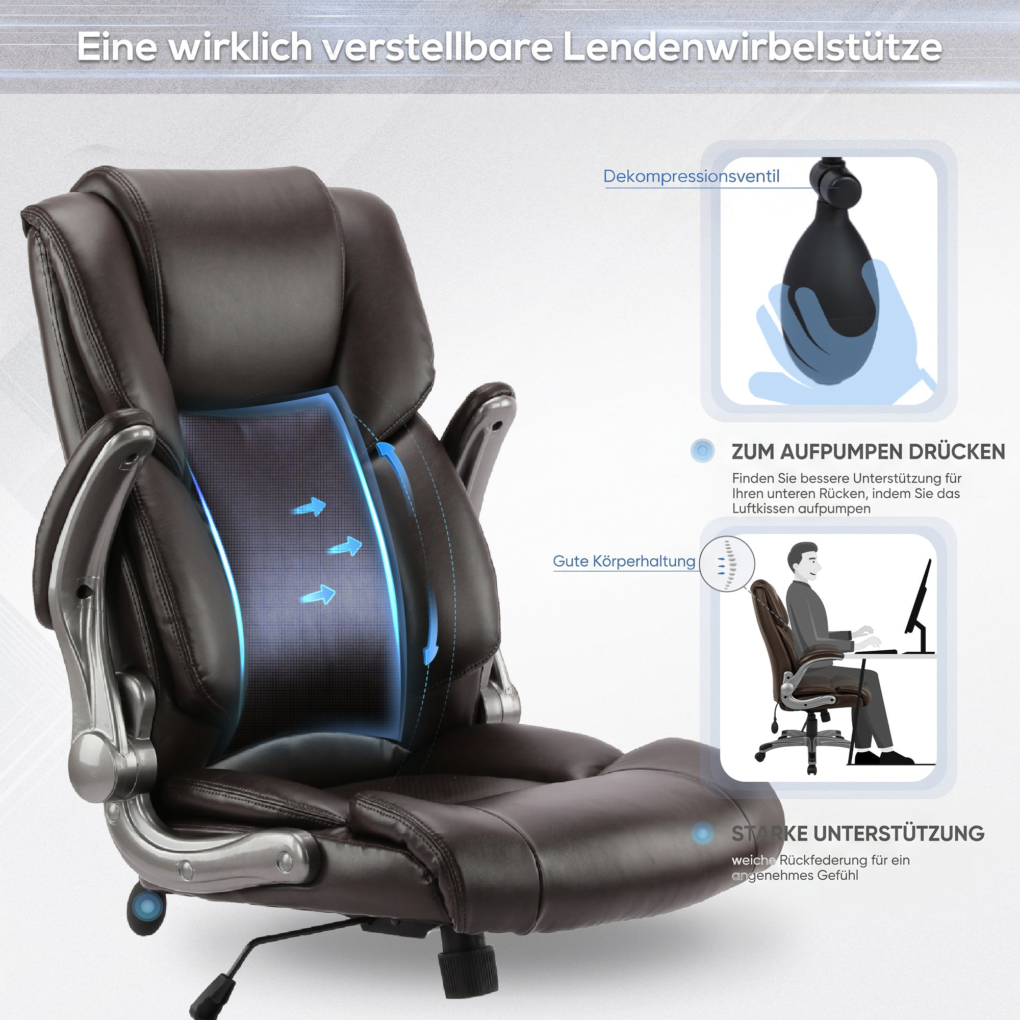 Ergonomischer brauner Buerostuhl mit verstellbarer Lendenwirbelstuetze und Pumpe.