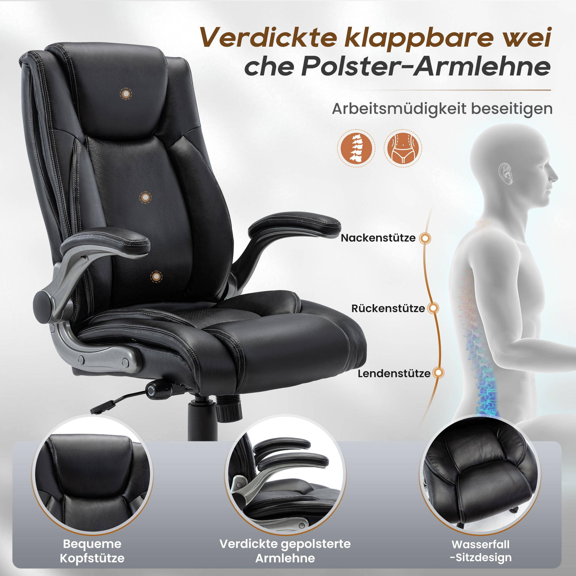 Ergonomischer schwarzer Buerostuhl mit Polsterung und anatomischen Diagrammen.