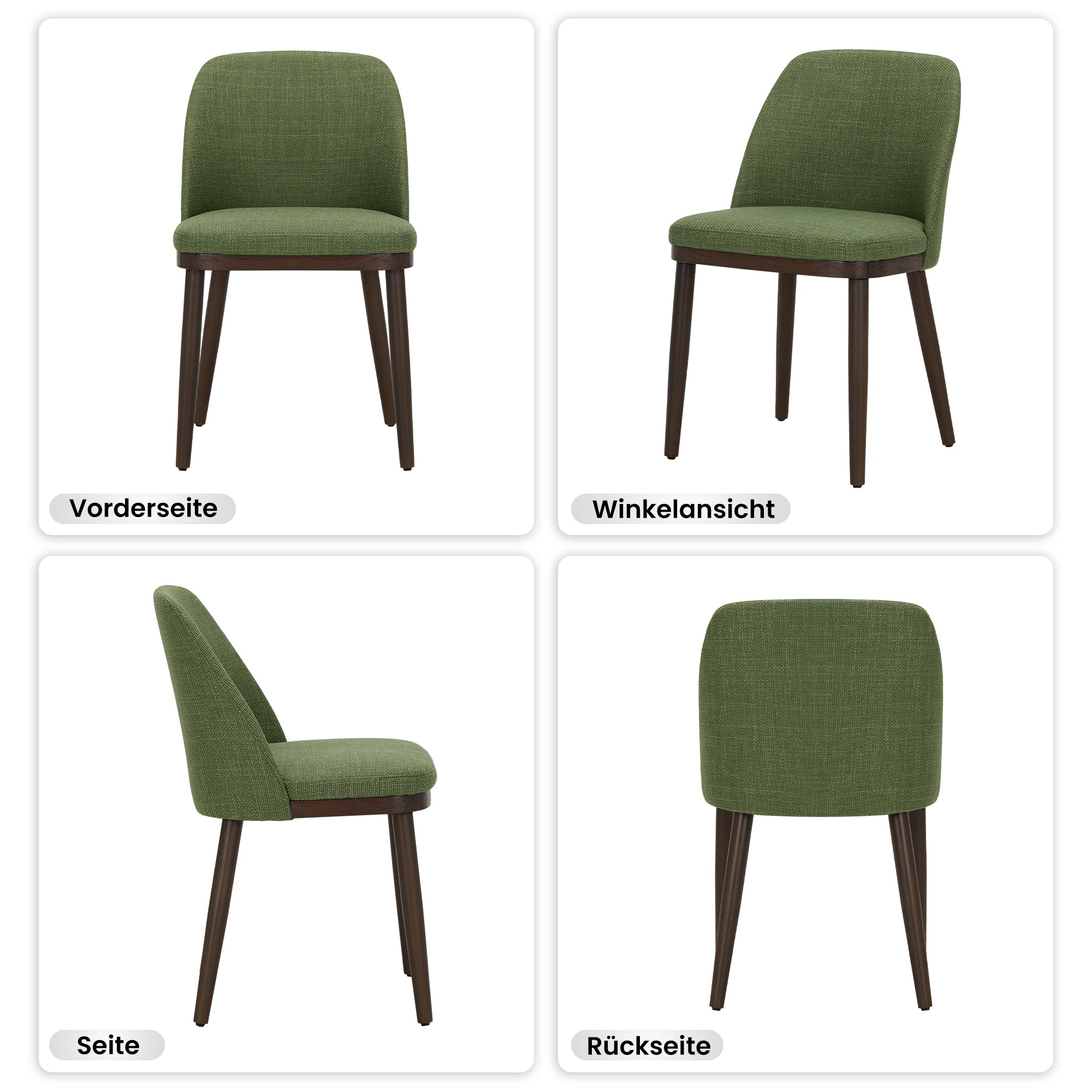 Quattro viste di una sedia da pranzo imbottita verde con gambe in legno scuro su sfondo bianco.