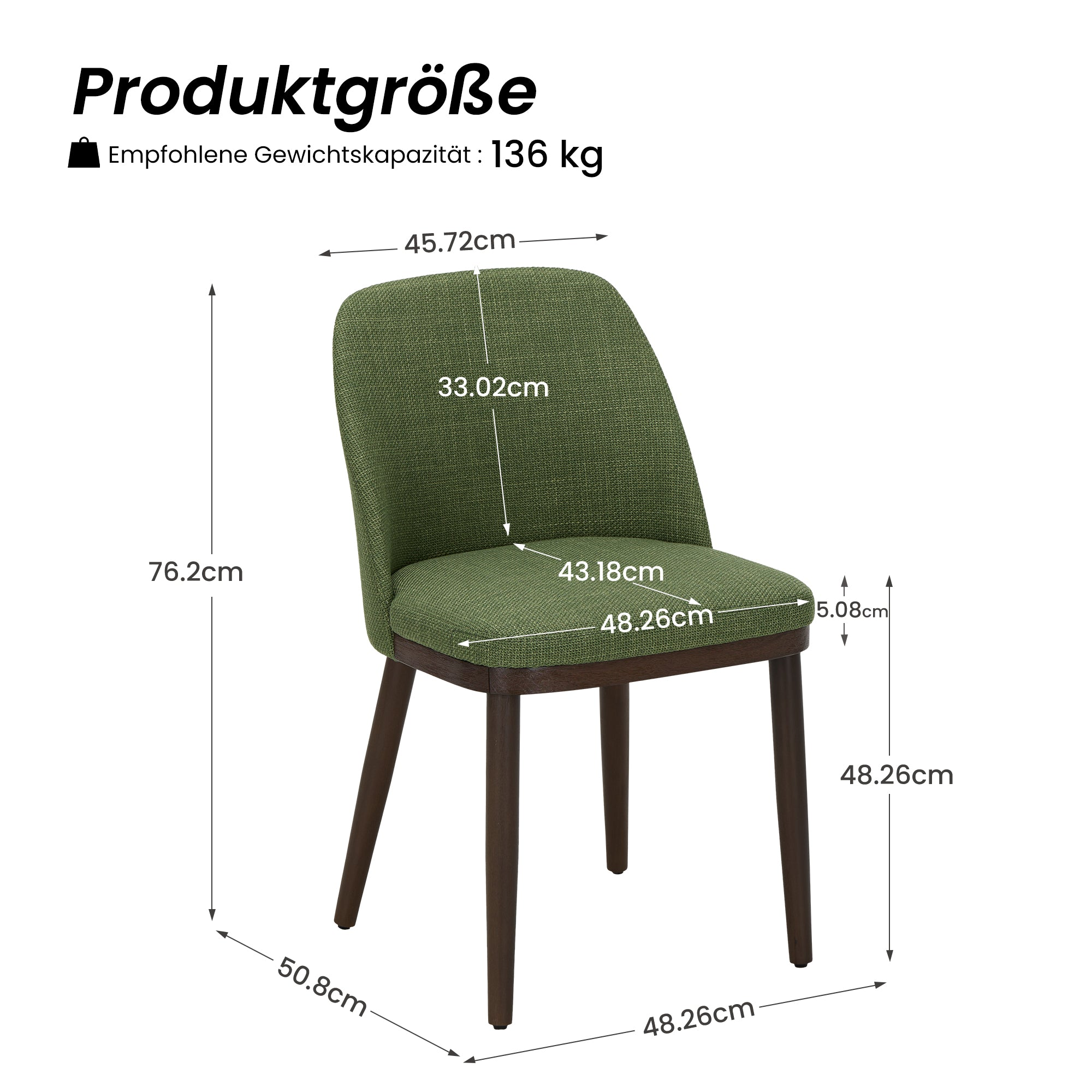 Sedia verde con gambe in legno scuro e misure in cm.