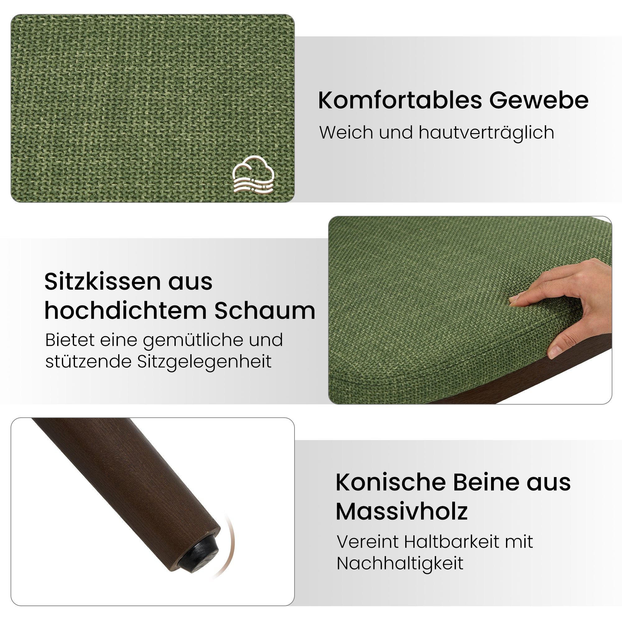 L'infografica mostra tessuto verde, mano che preme il cuscino e gamba in legno.